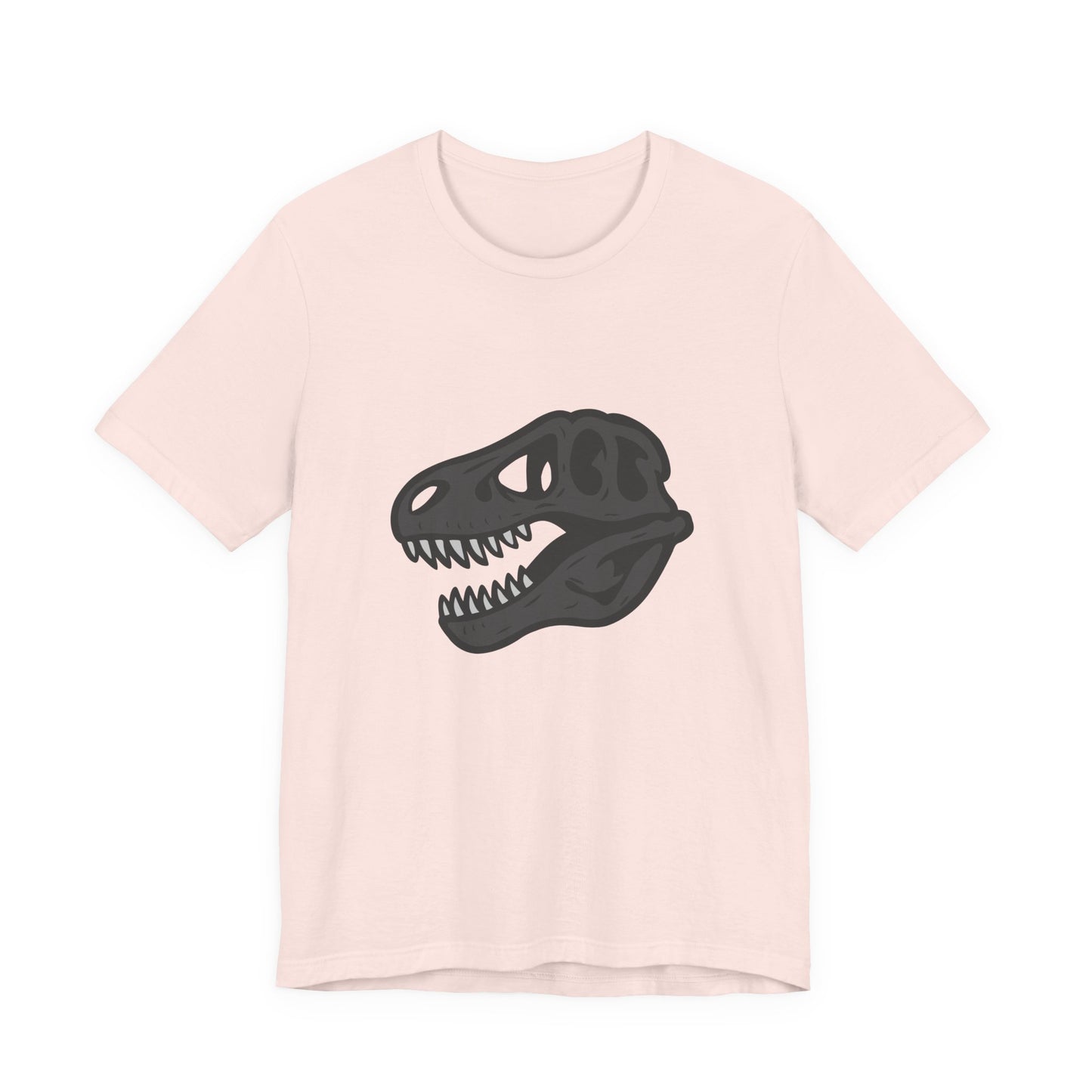 T-Rex Skull Graphic T-Shirt – Dark Theme Grayscale Dinosaur Skeleton Design on Black Tee with Prehistoric Edge and Modern Ghost Effect. Unisex Jersey Short Sleeve Tee