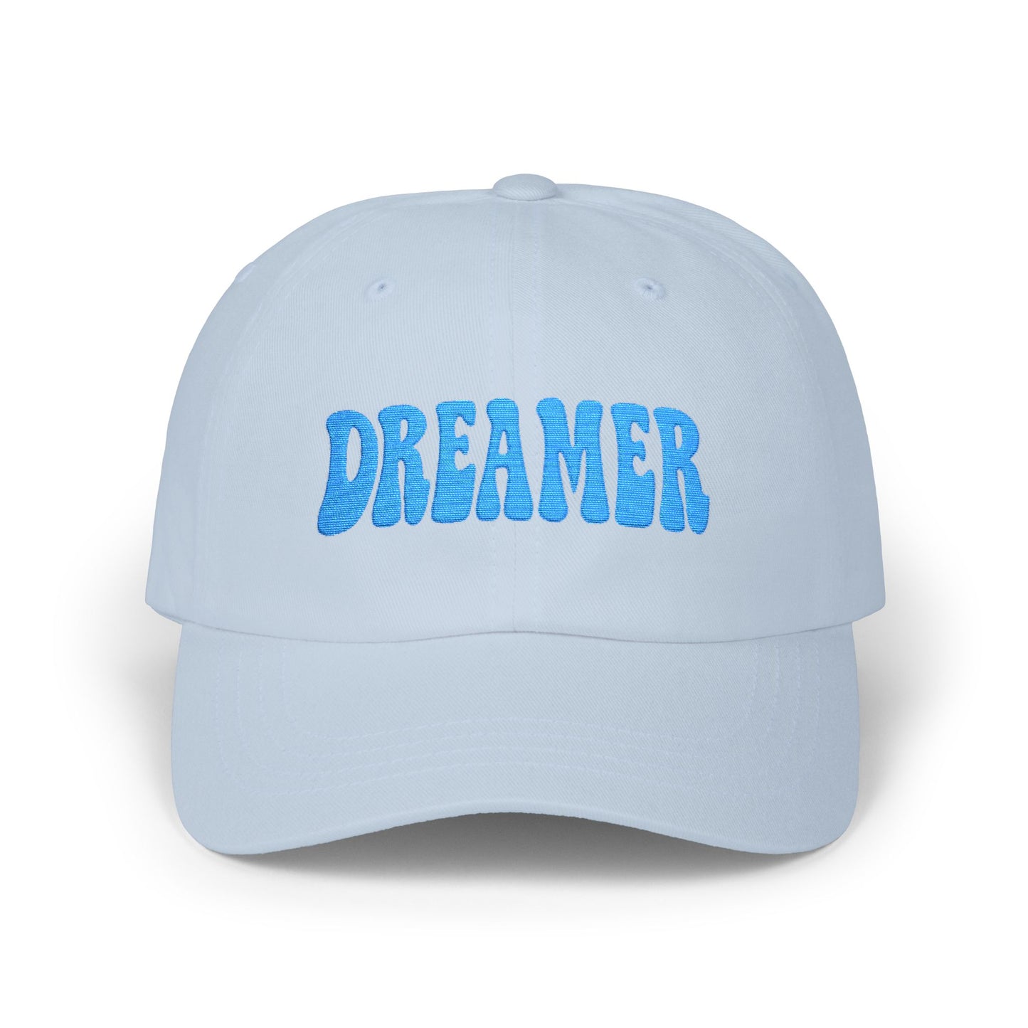 Dreamer Classic Dad Hat – Embroidered Minimalist Script Hat for Visionaries, Creatives, and Chill Daydreamers. Blue Letters
