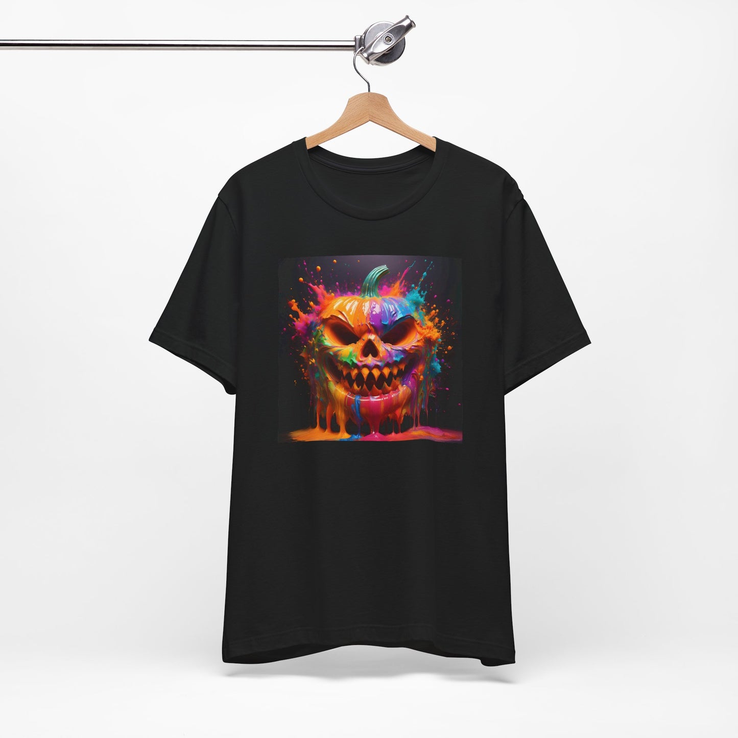 Neon Splatter Pumpkin Halloween Shirt – Vibrant Dripping Jack-o’-Lantern Graphic Tee for Bold Spooky Style