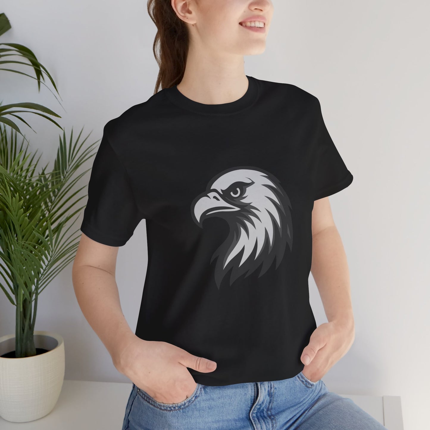 Eagle Head Graphic T-Shirt – Bold Dark Theme Grayscale Bird of Prey Design on Black Tee with Fierce Detail and Modern Ghost Effect. Unisex Jersey Short Sleeve Tee
