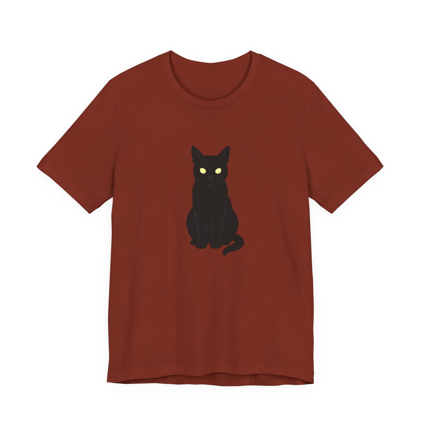 Glowing-Eyed Black Cat Shirt – Dark Theme Feline Stare for Maximum Spook and Minimal Effort. Unisex Jersey Short Sleeve Tee