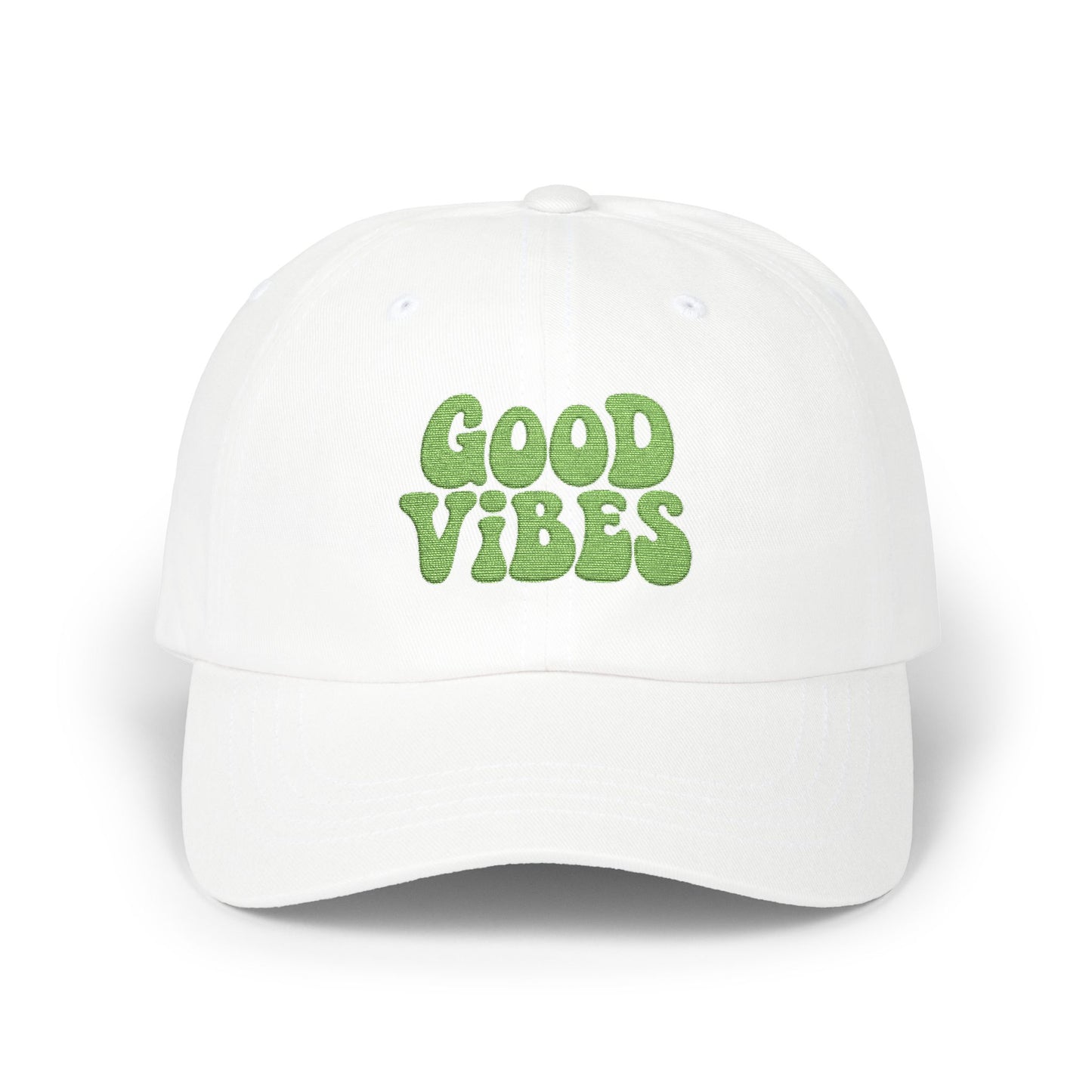 Good Vibes Classic Dad Hat – Embroidered Retro Text Hat for Positive Vibes, Chill Style, and Everyday Feel-Good Energy. Green Letters