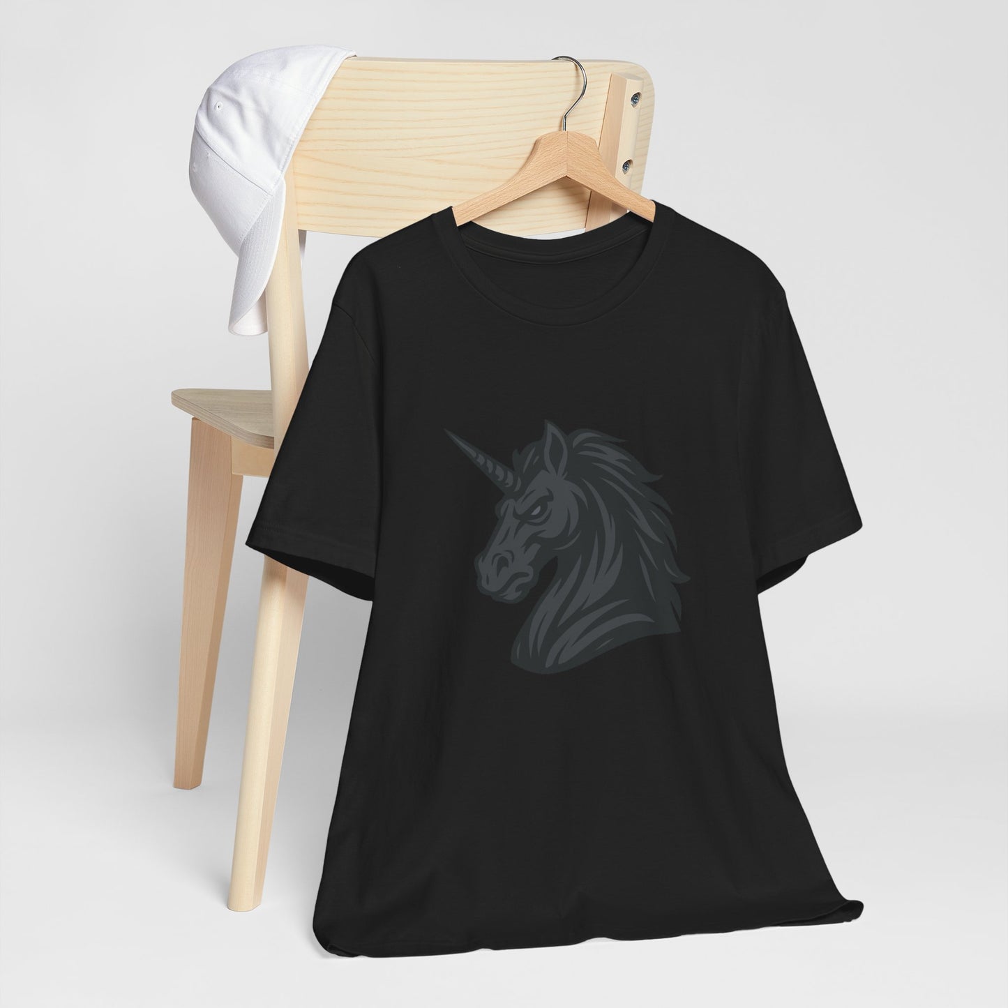 Dark Unicorn Profile T-Shirt – Dark Theme Grayscale Fierce Mythical Horse Design on Black Tee with Gothic Magic and Modern Ghost Effect. Unisex Jersey Short Sleeve Tee