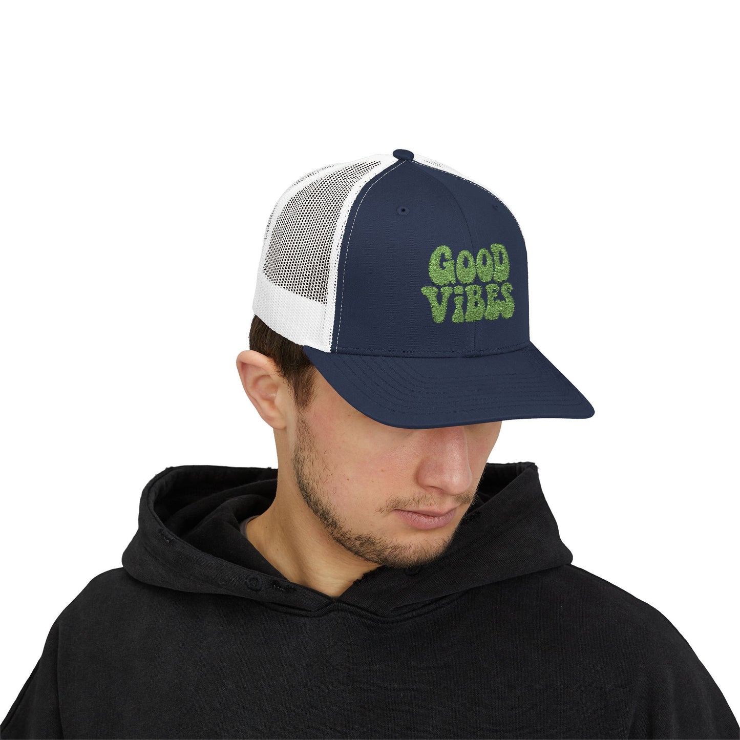 Good Vibes Trucker Hat – Embroidered Retro Text Hat for Positive Vibes, Chill Style, and Everyday Feel-Good Energy. Green Letters