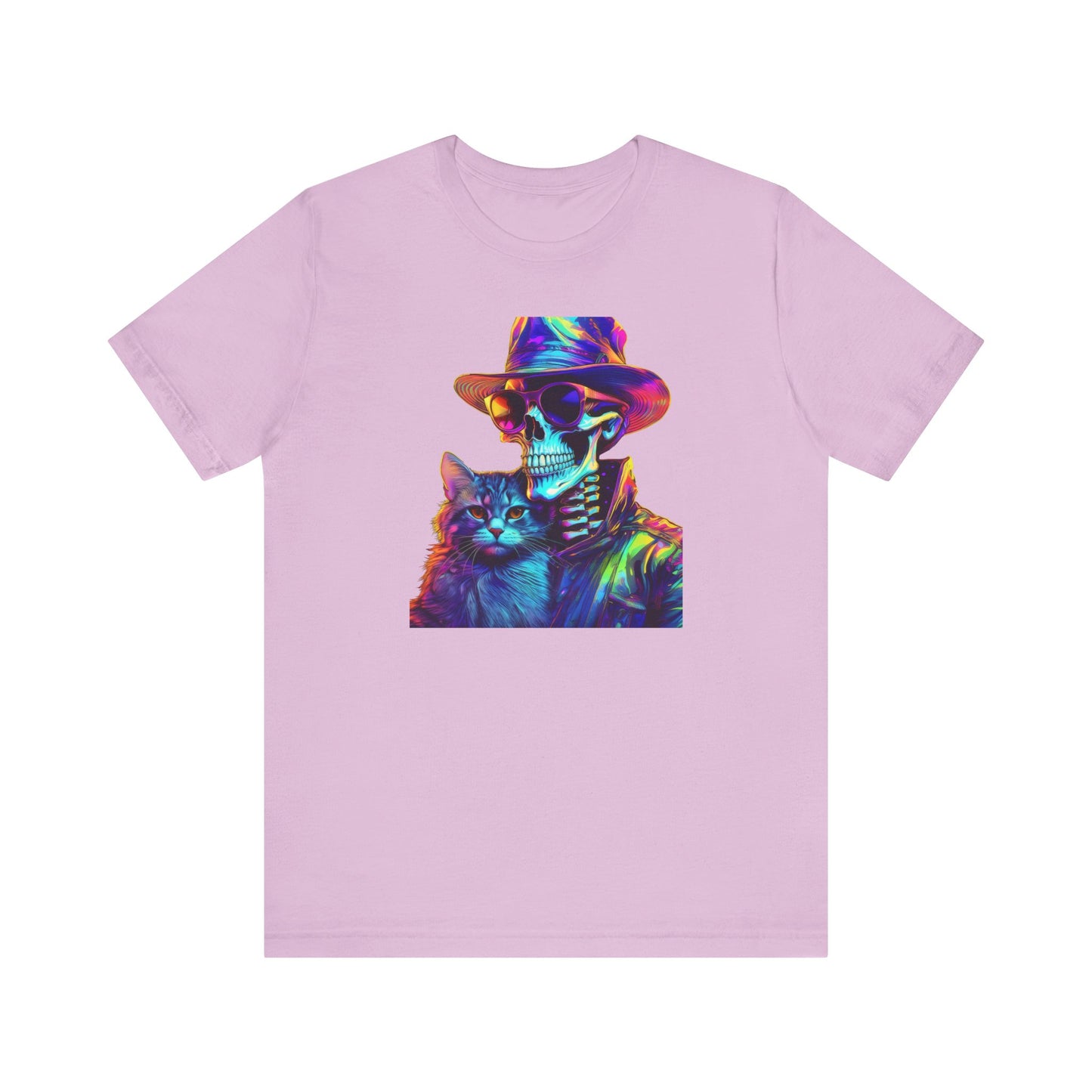 Cool Skeleton and Cat Halloween Shirt – Neon Retro Horror Graphic Tee for Spooky Style and Cat Lovers