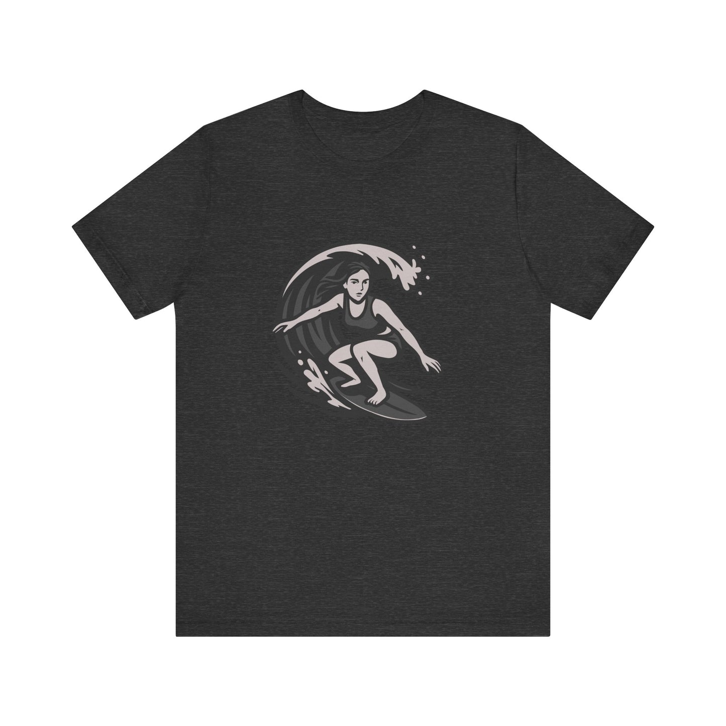 Surf Girl Graphic T-Shirt – Dark Theme Grayscale Female Surfer Riding Wave on Black Tee with Flow State Energy and Modern Ghost Effect. Unisex Jersey Short Sleeve Tee