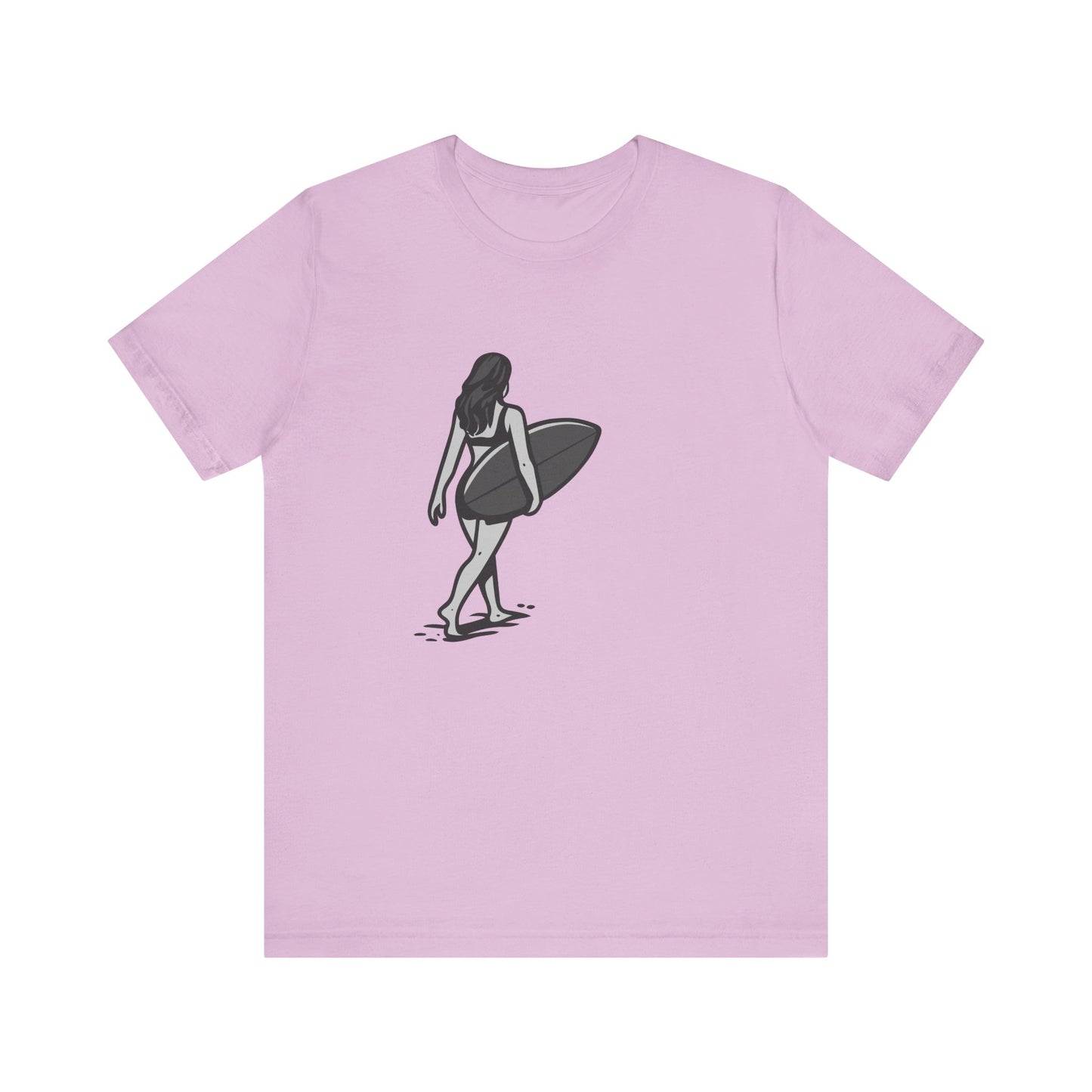 Surfer Girl Walking Graphic T-Shirt – Dark Theme Grayscale Beach Scene on Black Tee with Coastal Calm and Modern Ghost Effect. Unisex Jersey Short Sleeve Tee
