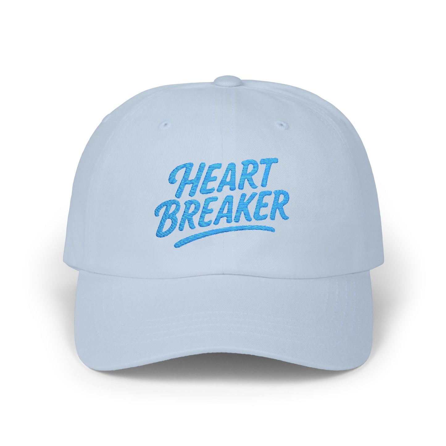 Heartbreaker Embroidered Classic Dad Hat – Bold Baseball Hat with Retro Script and Broken Heart Design for Confident Rule-Breakers. Blue Letters