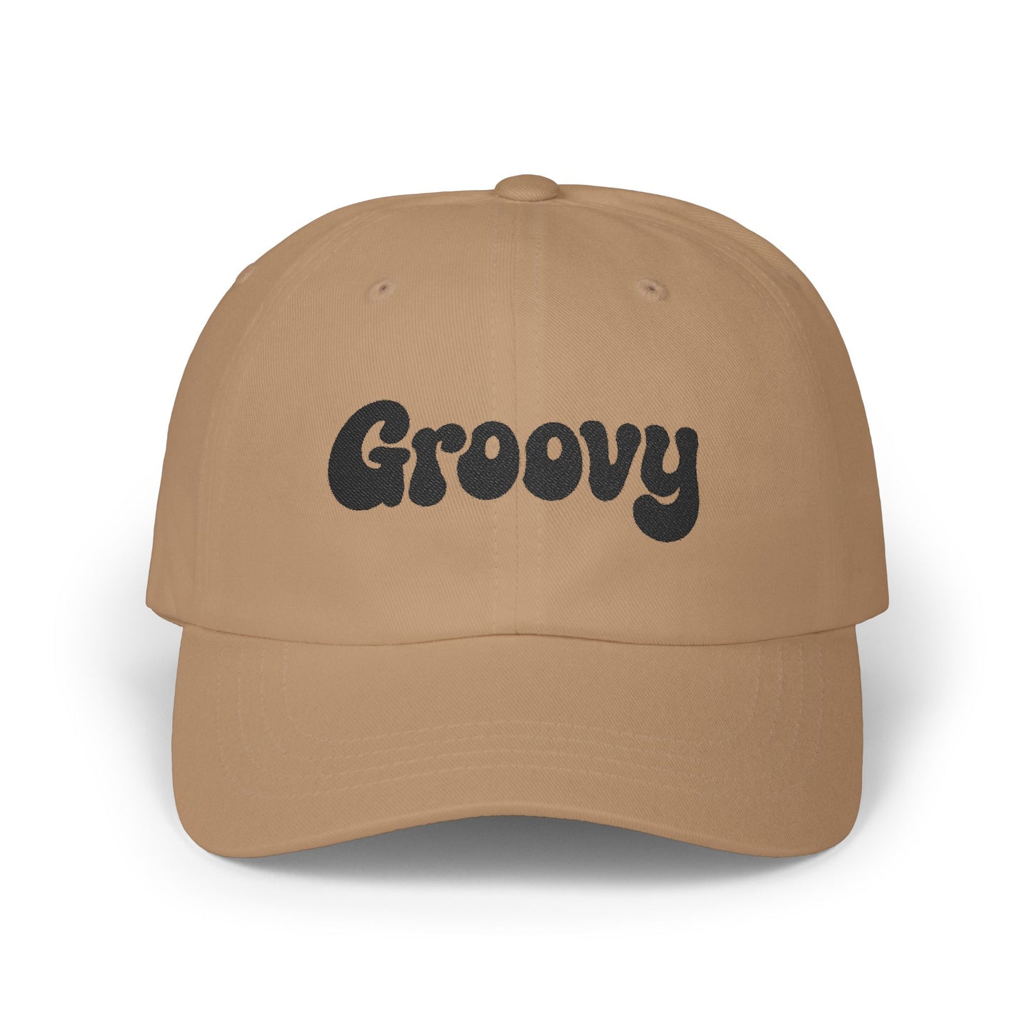 Groovy Classic Dad Hat – Retro Embroidered Hat with 70s Style Font for Funky Vibes, Chill Days, and Vintage Cool. Black Letters
