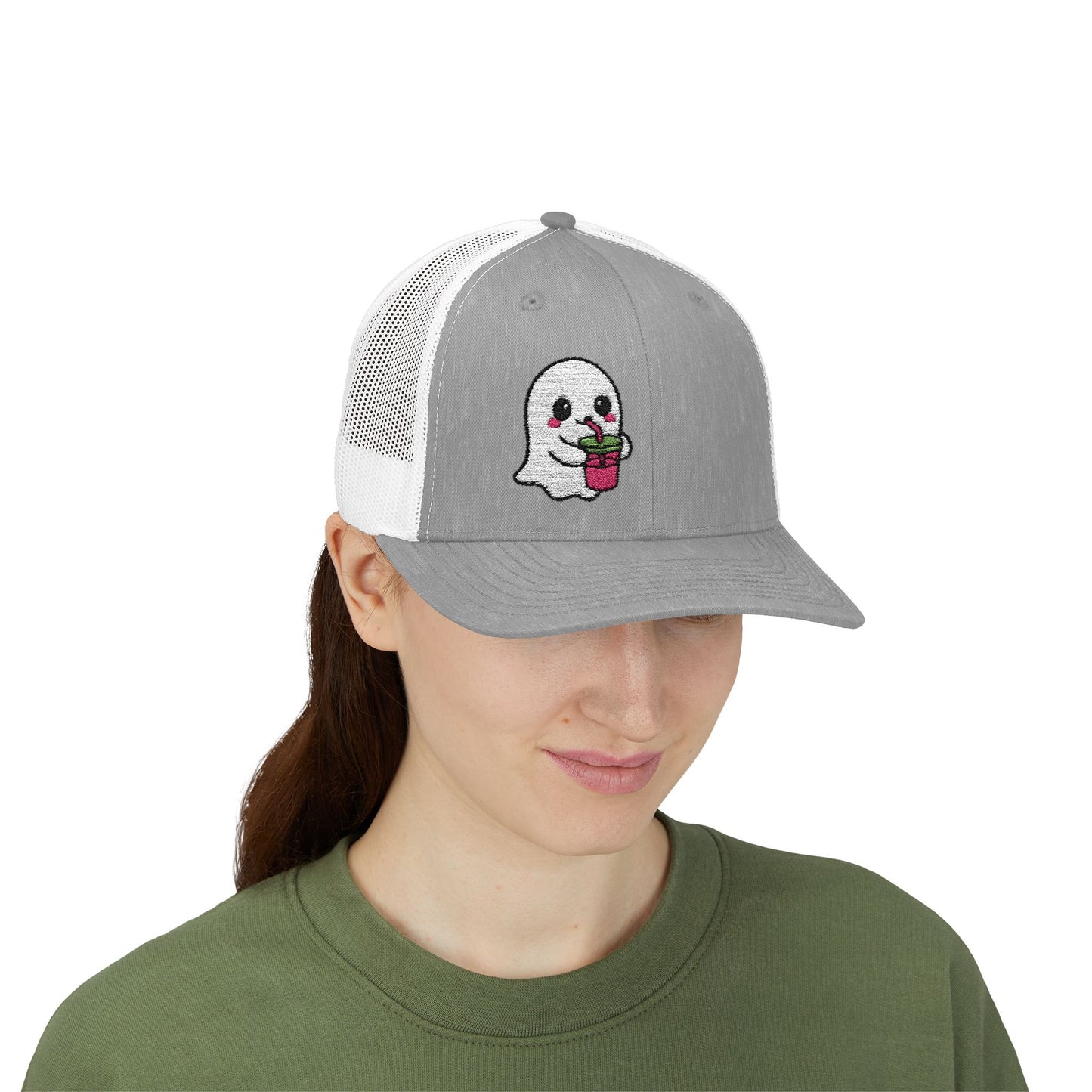 Cute Ghost Trucker Hat – Embroidered Kawaii Ghost Drinking Hat for Halloween Vibes and Everyday Boo Energy