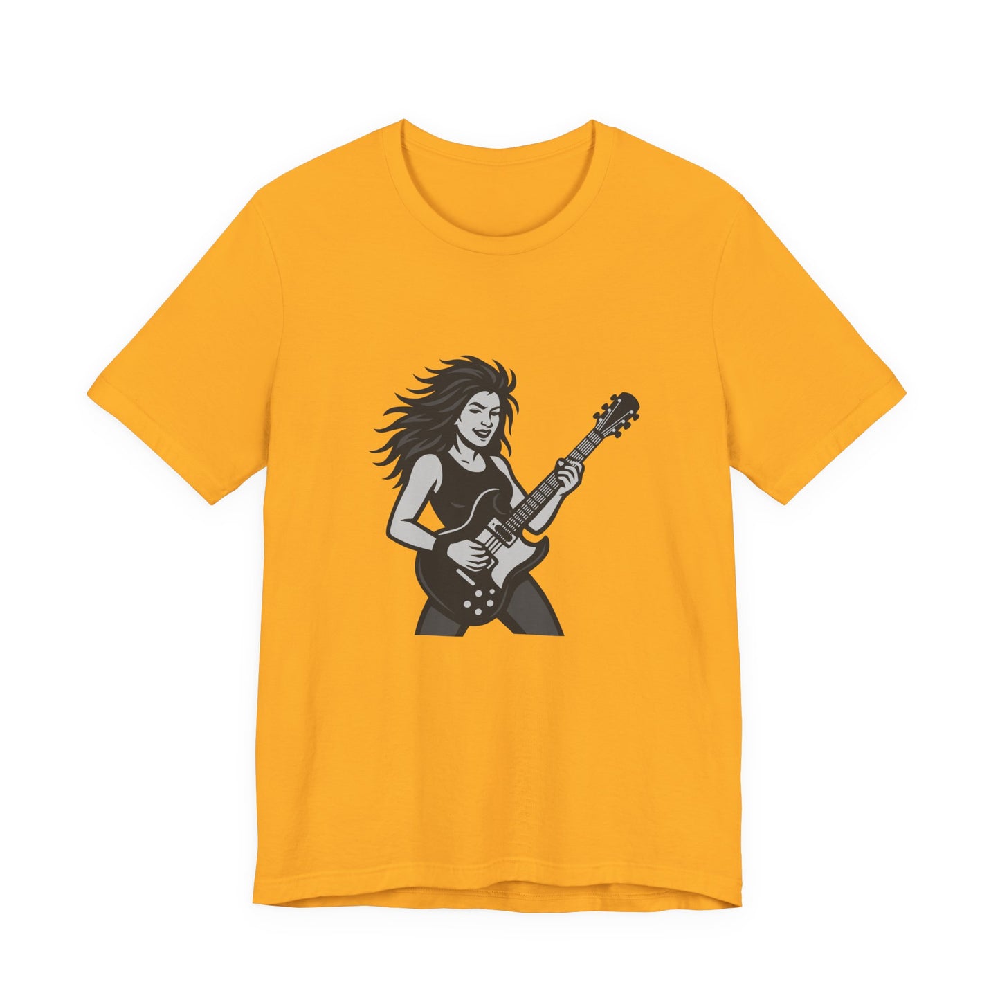 Rock Guitar Girl Graphic T-Shirt – Dark Theme Grayscale Electric Guitarist Design on Black Tee with Music Attitude and Modern Ghost Effect. Unisex Jersey Short Sleeve Tee