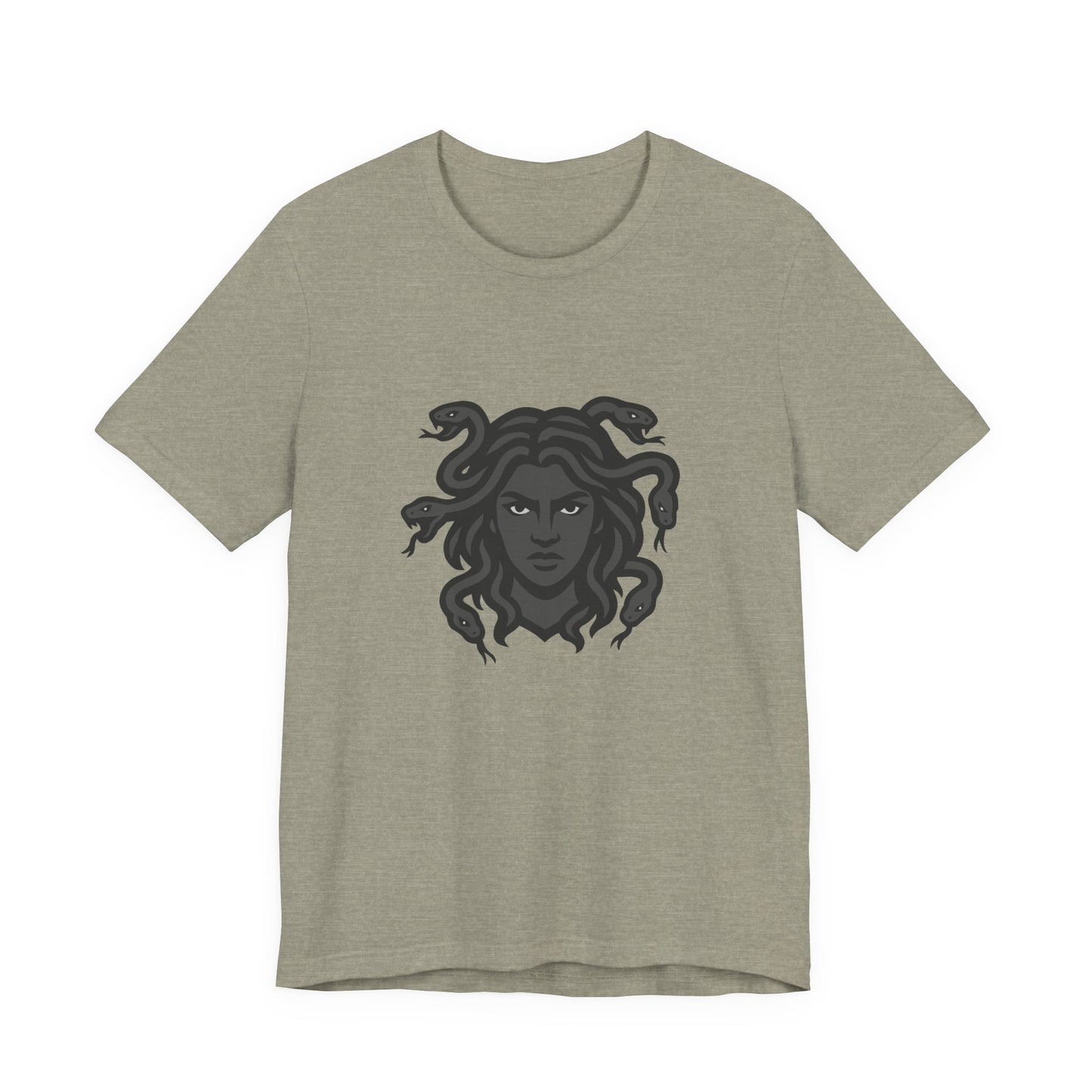 Medusa Graphic T-Shirt – Dark Theme Grayscale Snake-Haired Gorgon Design on Black Tee with Dark Myth Vibe and Modern Ghost Effect. Unisex Jersey Short Sleeve Tee