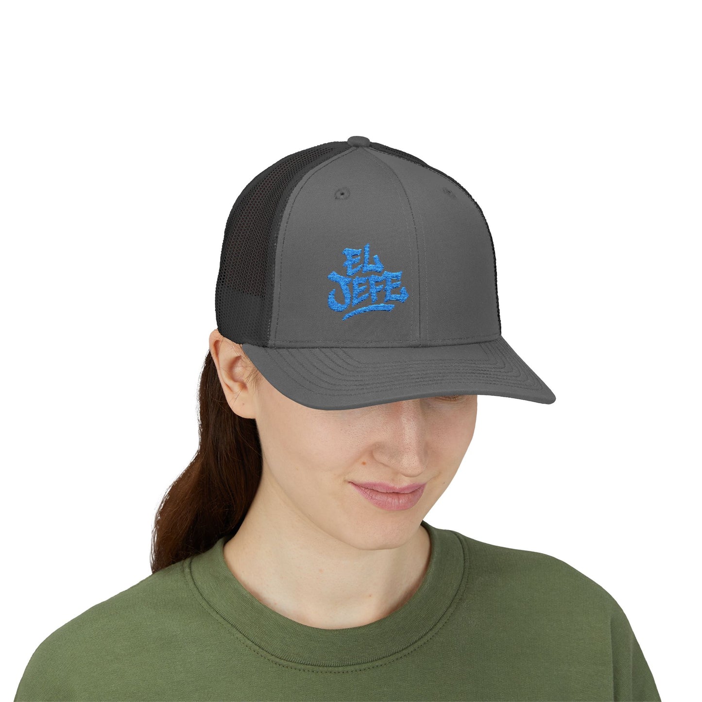 El Jefe Trucker Hat – Embroidered Bold Text Hat for Boss Energy, Leadership Style, and Latin Flair. Blue Letters
