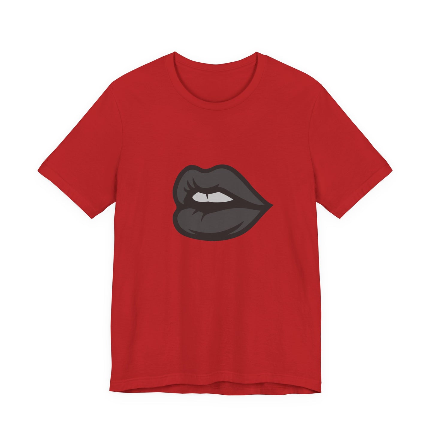 Dark Lips Graphic T-Shirt – Dark Theme Grayscale Biting Lip Design on Black Tee with Subtle Seduction and Modern Ghost Effect. Unisex Jersey Short Sleeve Tee