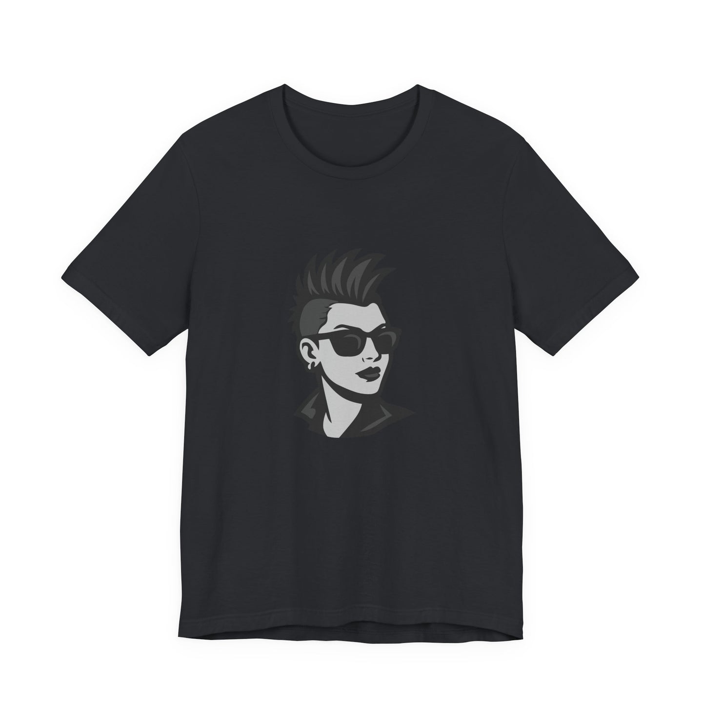 Punk Girl Graphic T-Shirt – Dark Theme Grayscale Spiked Hair Portrait on Black Tee with Bold Energy and Modern Ghost Effect. Unisex Jersey Short Sleeve Tee