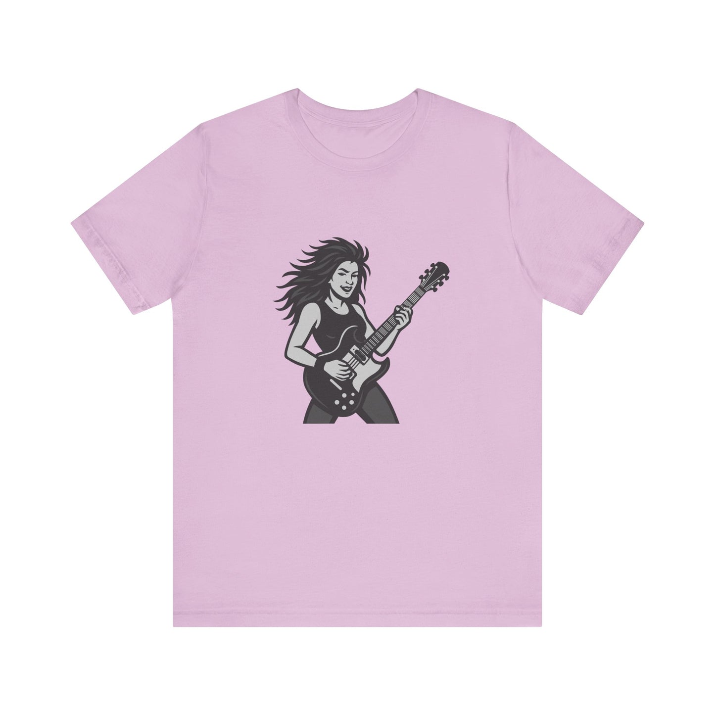 Rock Guitar Girl Graphic T-Shirt – Dark Theme Grayscale Electric Guitarist Design on Black Tee with Music Attitude and Modern Ghost Effect. Unisex Jersey Short Sleeve Tee