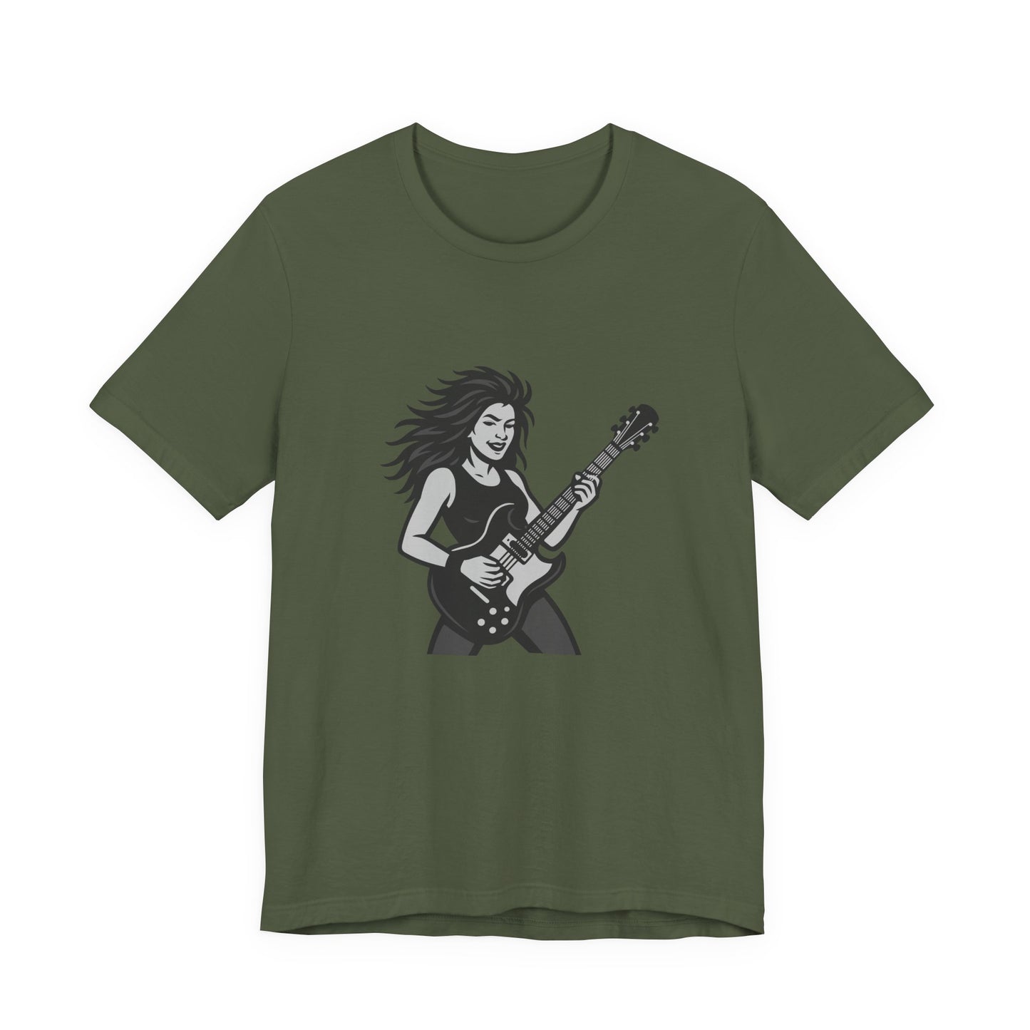 Rock Guitar Girl Graphic T-Shirt – Dark Theme Grayscale Electric Guitarist Design on Black Tee with Music Attitude and Modern Ghost Effect. Unisex Jersey Short Sleeve Tee