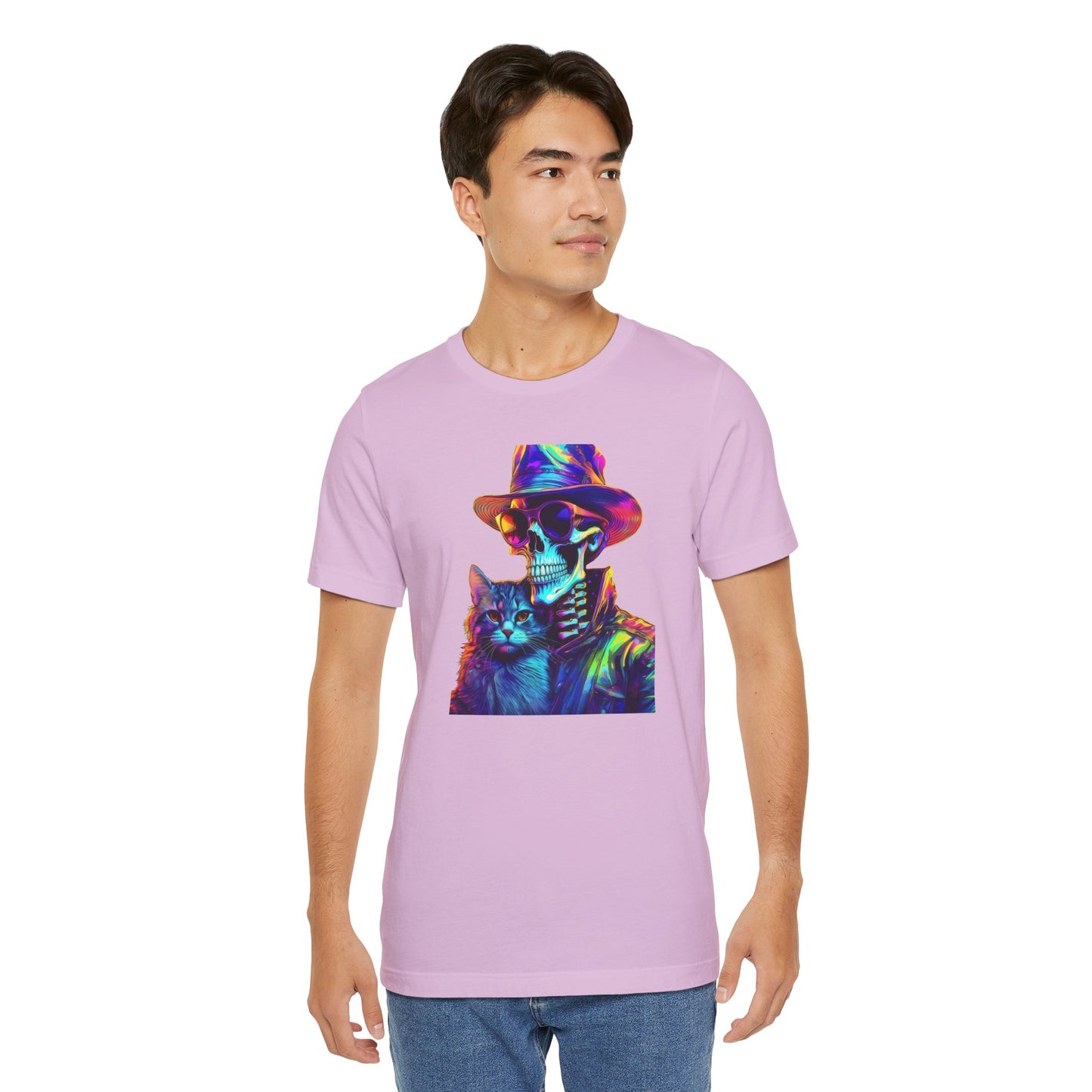 Cool Skeleton and Cat Halloween Shirt – Neon Retro Horror Graphic Tee for Spooky Style and Cat Lovers