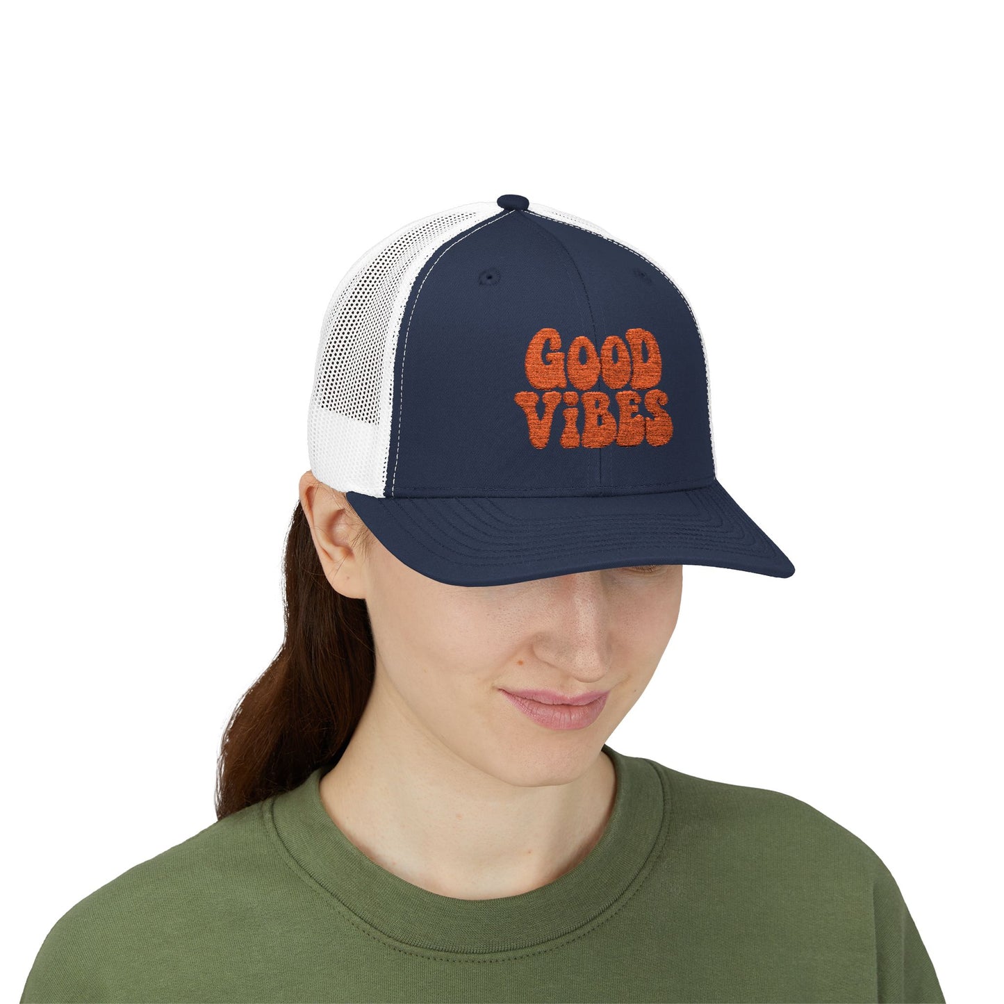 Good Vibes Trucker Hat – Embroidered Retro Text Hat for Positive Vibes, Chill Style, and Everyday Feel-Good Energy. Orange Letters