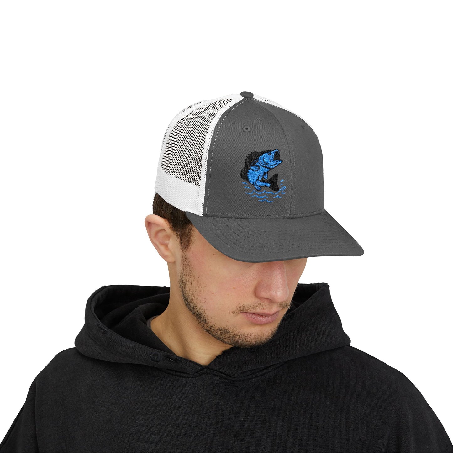 Jumping Fish Trucker Hat – Embroidered Blue Fishing Hat for Anglers, Lake Days, and Outdoor Style