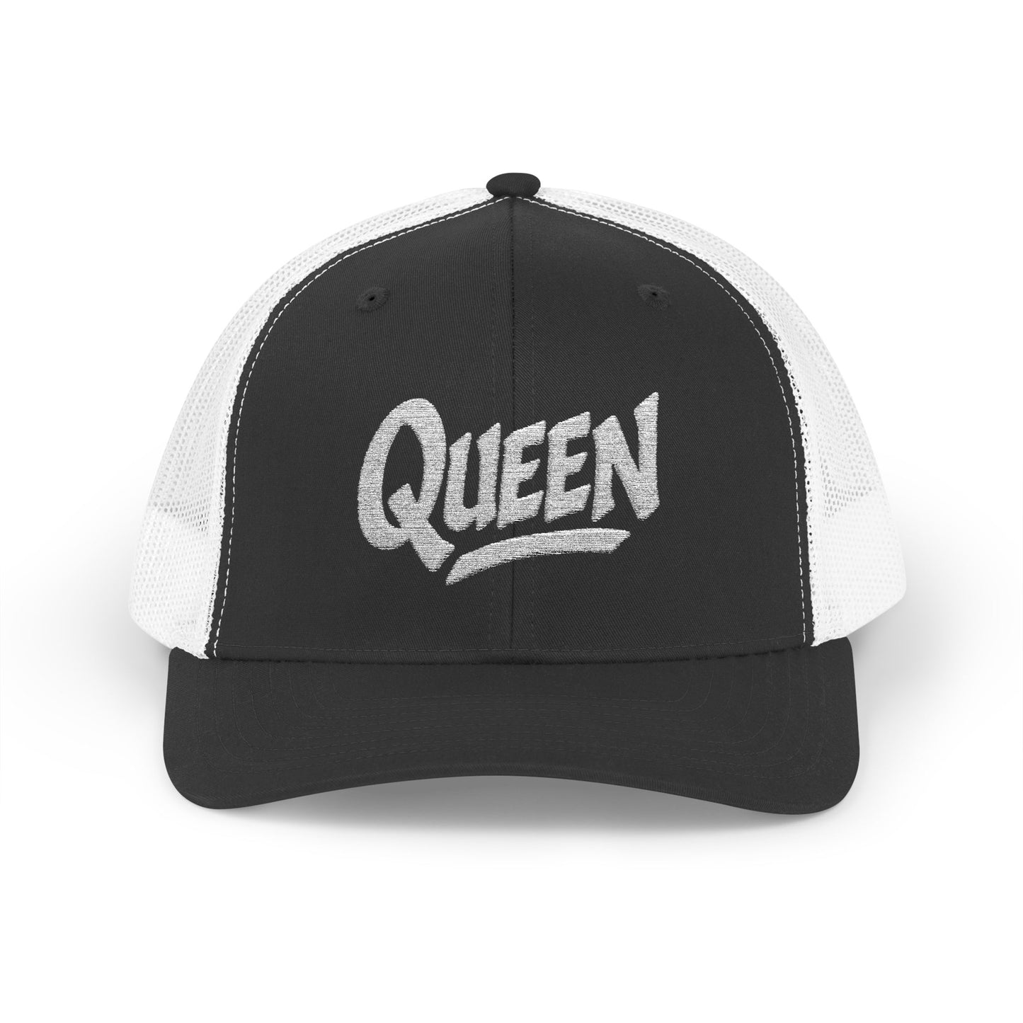 Queen Trucker Hat – Embroidered Crown Hat for Confident Women. White Letters