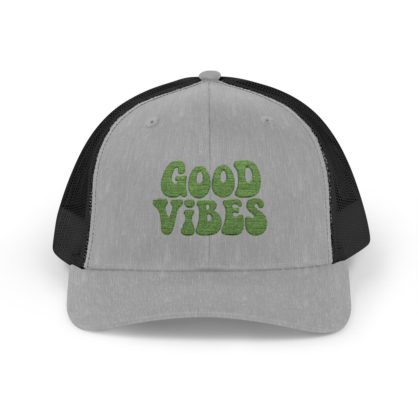 Good Vibes Trucker Hat – Embroidered Retro Text Hat for Positive Vibes, Chill Style, and Everyday Feel-Good Energy. Green Letters
