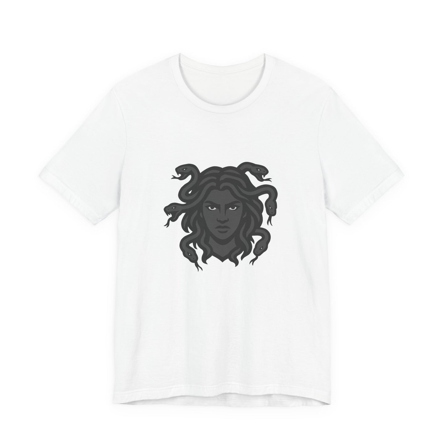 Medusa Graphic T-Shirt – Dark Theme Grayscale Snake-Haired Gorgon Design on Black Tee with Dark Myth Vibe and Modern Ghost Effect. Unisex Jersey Short Sleeve Tee