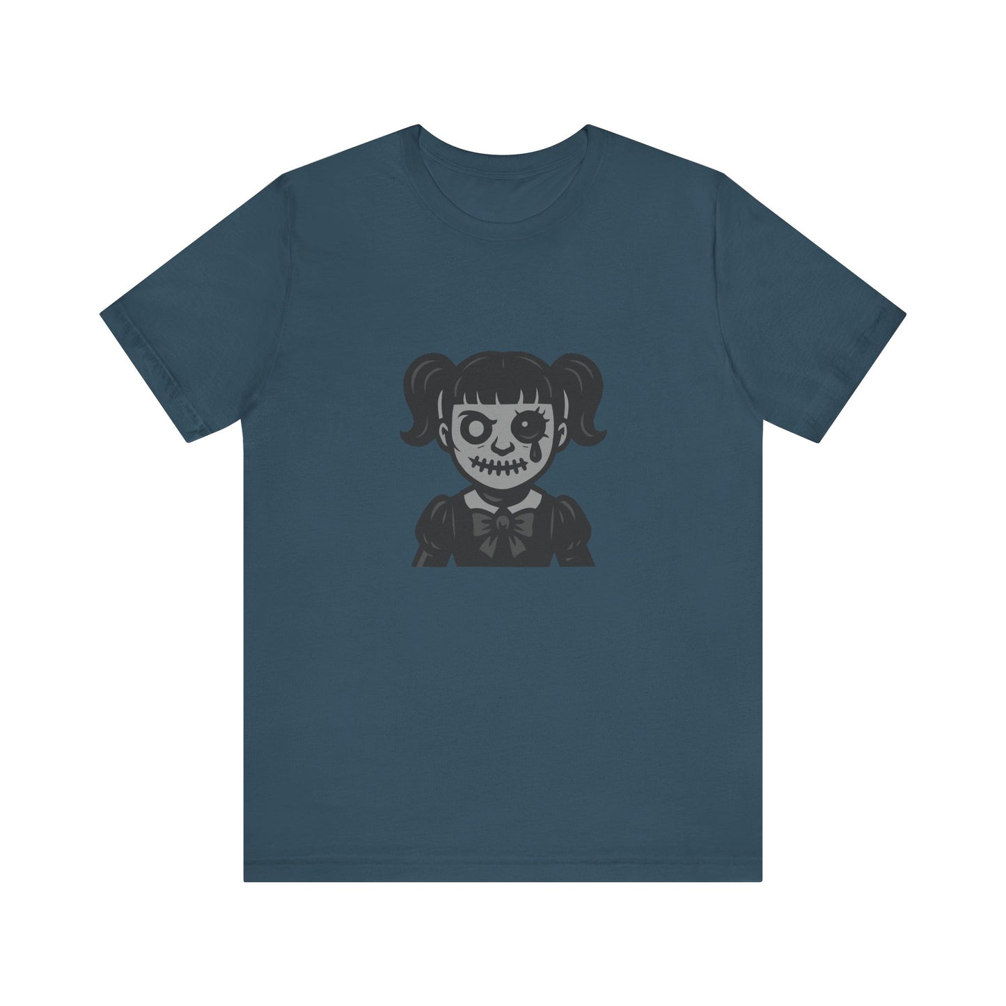 Scary Doll Graphic T-Shirt – Dark Theme Grayscale Creepy Cute Girl Design on Black Tee with Haunted Vibes and Modern Ghost Effect. Unisex Jersey Short Sleeve Tee