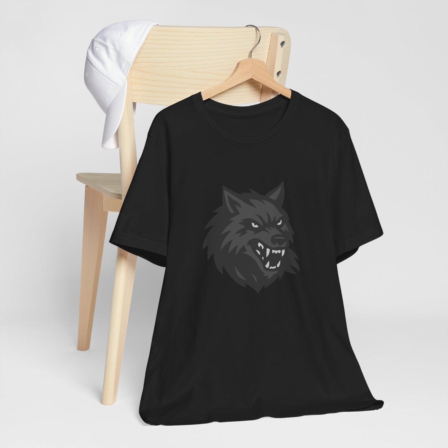 Dark Theme Wolf Head Shirt – Fierce Growling Wolf Face Graphic in Black and Grey for Bold, Edgy Style. Unisex Jersey Short Sleeve Tee
