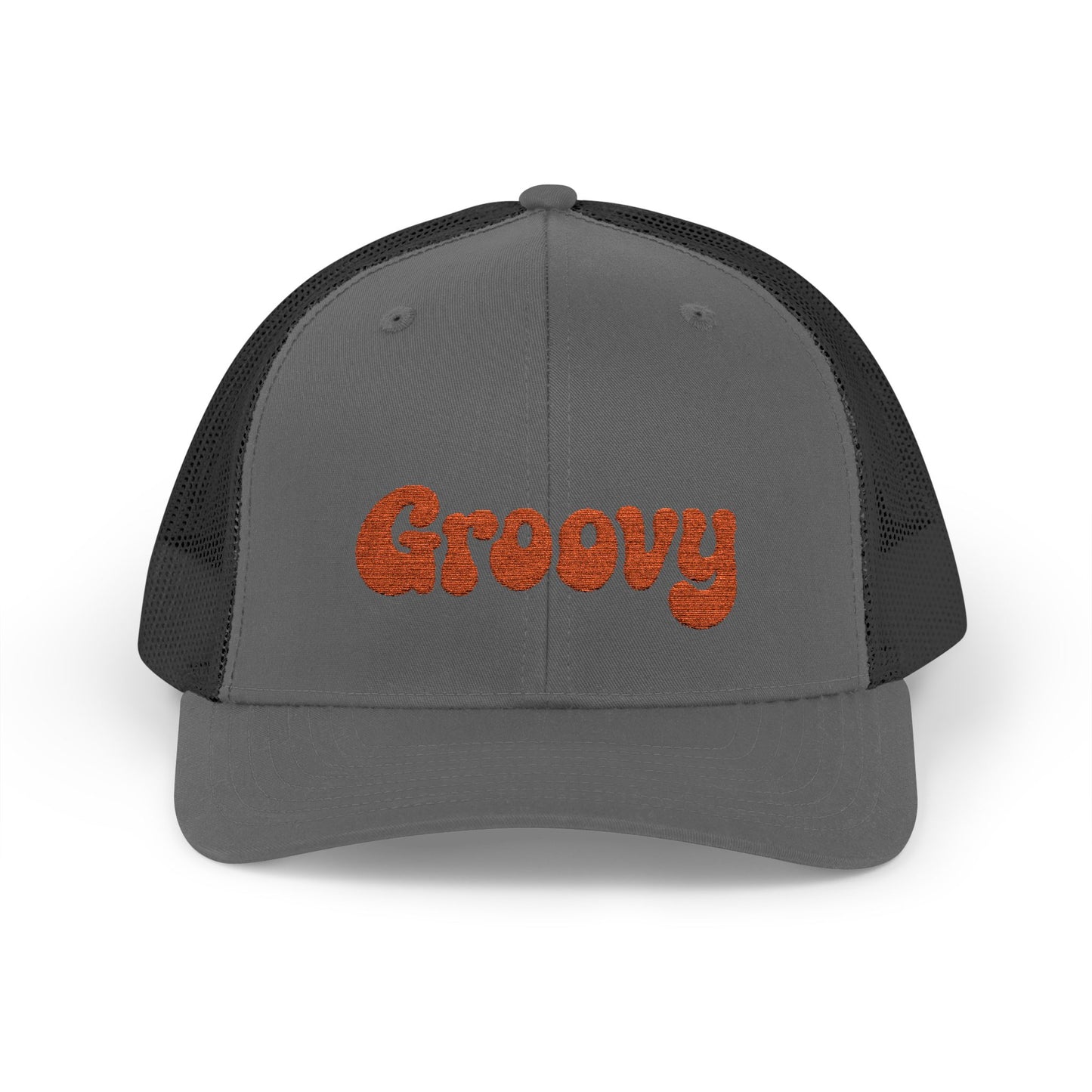 Groovy Trucker Hat – Retro Embroidered Hat with 70s Style Font for Funky Vibes, Chill Days, and Vintage Cool. Orange Letters