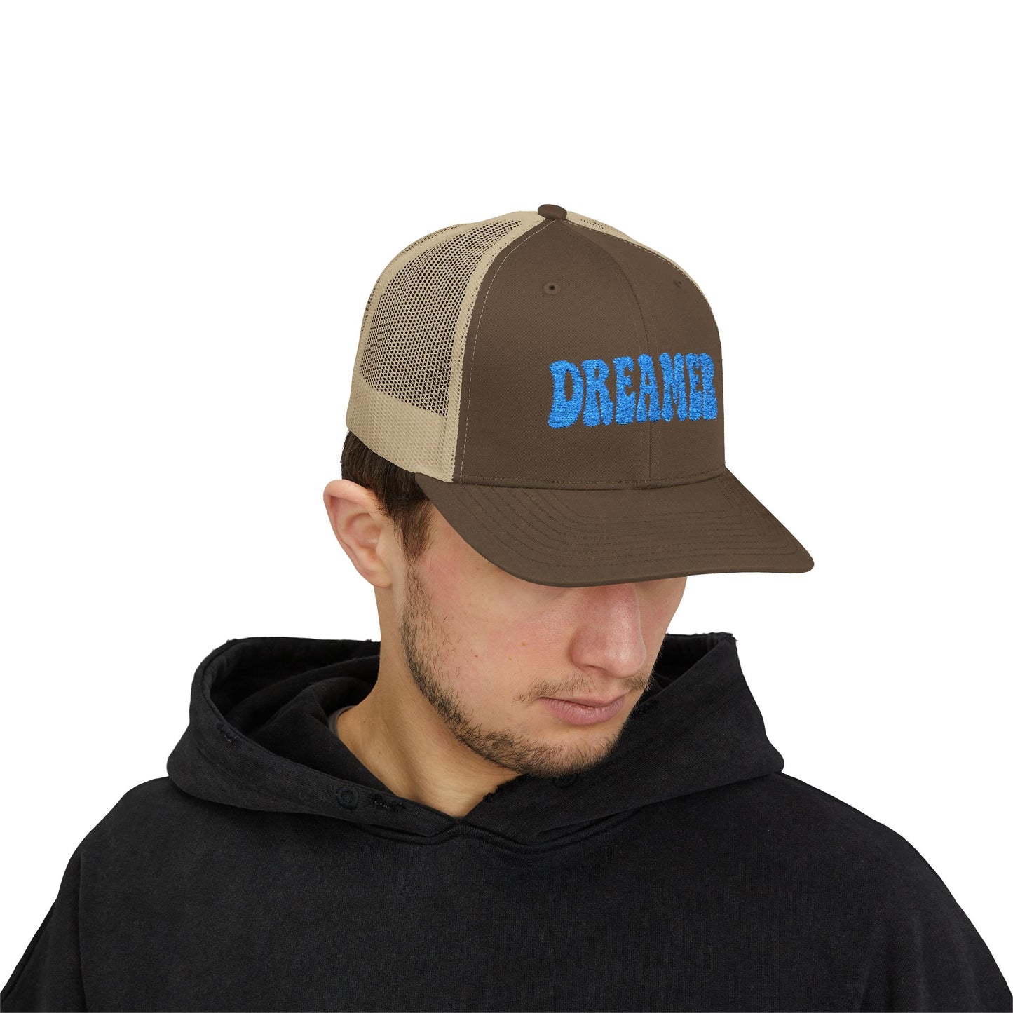 Dreamer Trucker Hat – Embroidered Minimalist Script Hat for Visionaries, Creatives, and Chill Daydreamers. Blue Letters