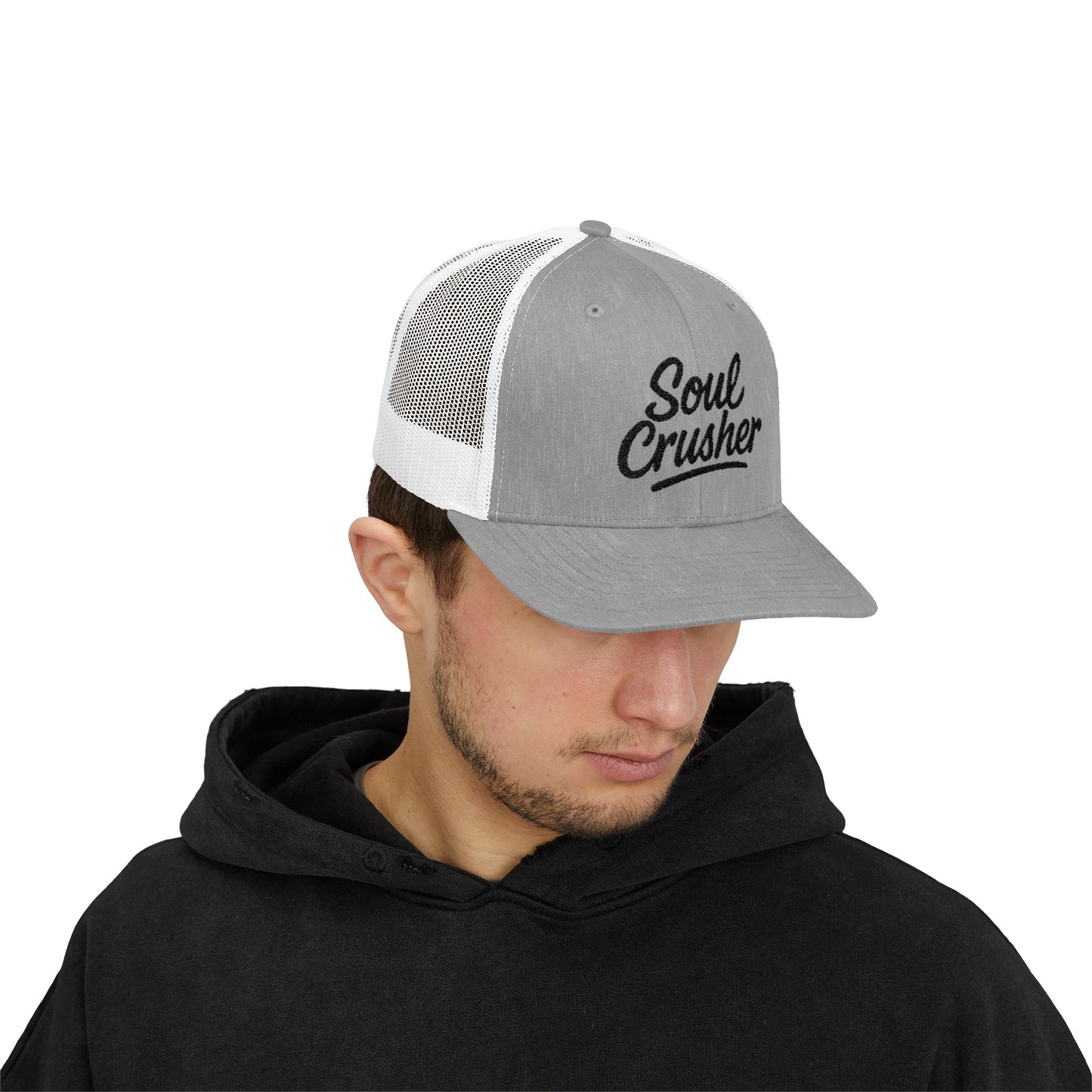 Soul Crusher Trucker Hat – Clean Script Hat with Bold Edge for Heartbreakers, Villains, and Power Moves. Black Letters