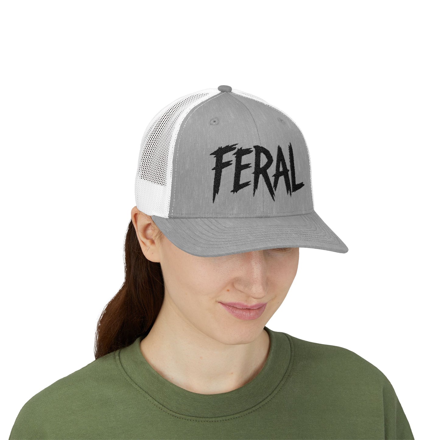 FERAL Embroidered Trucker Hat – Bold Statement Baseball Hat with Wild Energy Font for Rebels, Misfits, and Chaos Enthusiasts