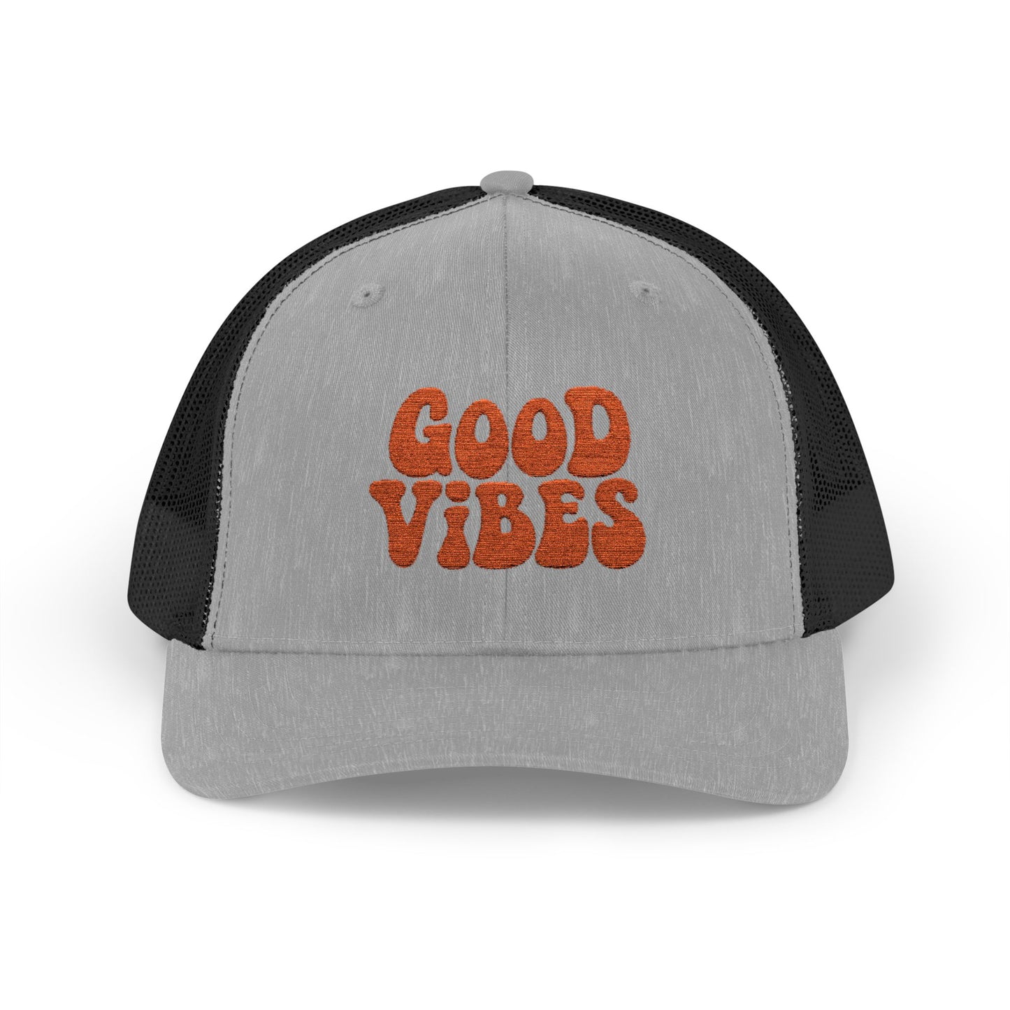 Good Vibes Trucker Hat – Embroidered Retro Text Hat for Positive Vibes, Chill Style, and Everyday Feel-Good Energy. Orange Letters