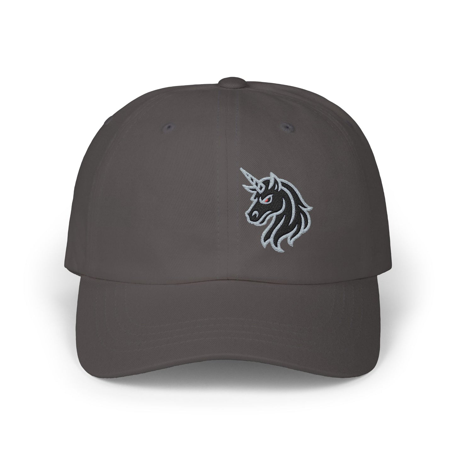 Angry Unicorn Classic Dad Hat – Embroidered Gothic Fantasy Hat with Red Eyes and Fierce Horned Design