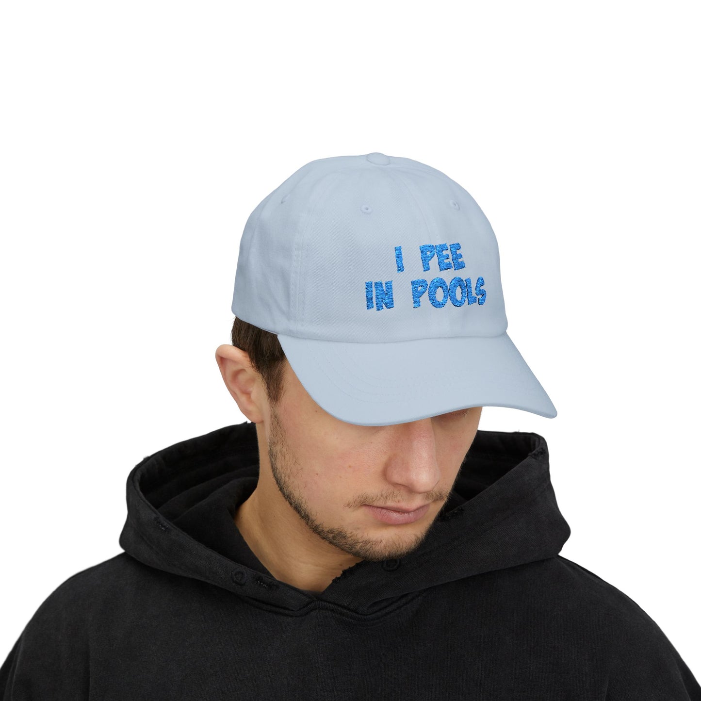 I Pee In Pools Embroidered Classic Dad Hat – Funny Baseball Hat with Bold Blue Text for Lifeguard Terrors and Poolside Menaces