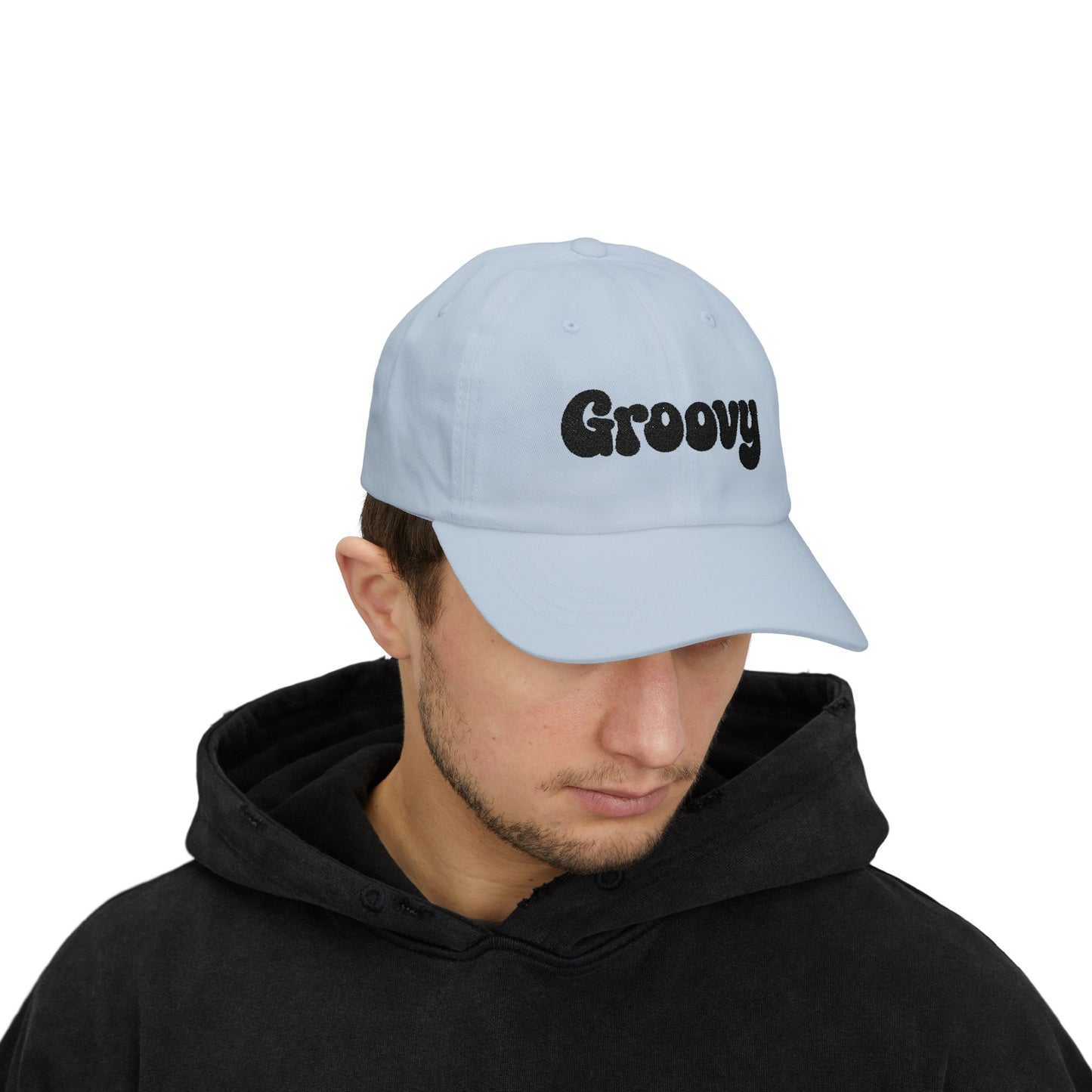Groovy Classic Dad Hat – Retro Embroidered Hat with 70s Style Font for Funky Vibes, Chill Days, and Vintage Cool. Black Letters