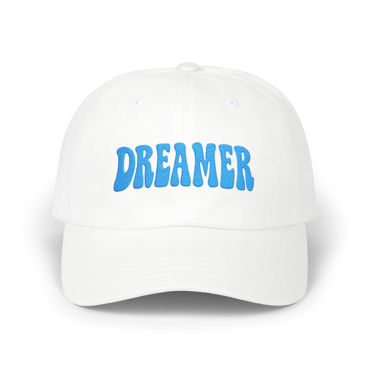 Dreamer Classic Dad Hat – Embroidered Minimalist Script Hat for Visionaries, Creatives, and Chill Daydreamers. Blue Letters