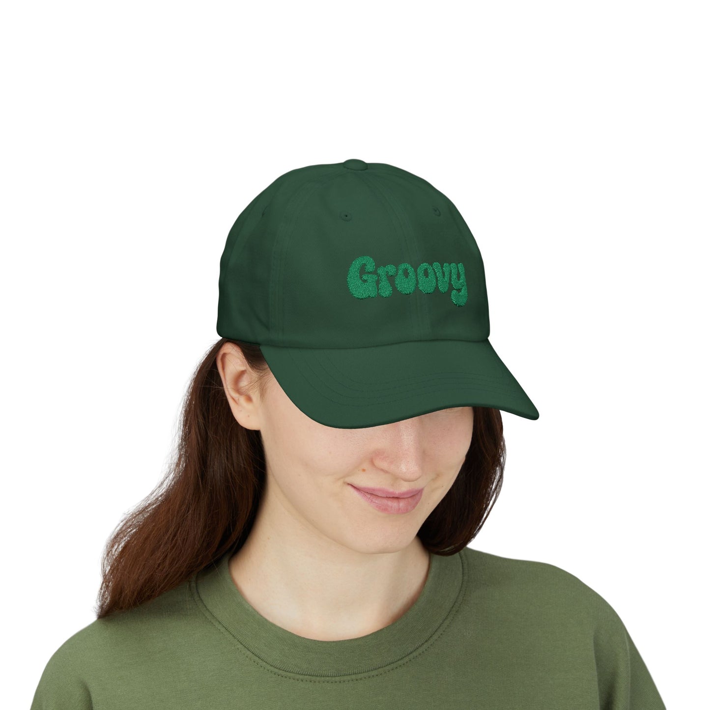 Groovy Classic Dad Hat – Retro Embroidered Hat with 70s Style Font for Funky Vibes, Chill Days, and Vintage Cool. Green Letters