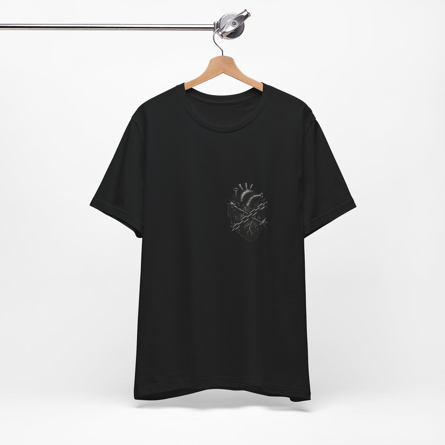 Heart in Chains Shirt – Dark Theme Anatomical Heart Wrapped in Barbed Wire and Commitment Issues. Unisex Jersey Short Sleeve Tee
