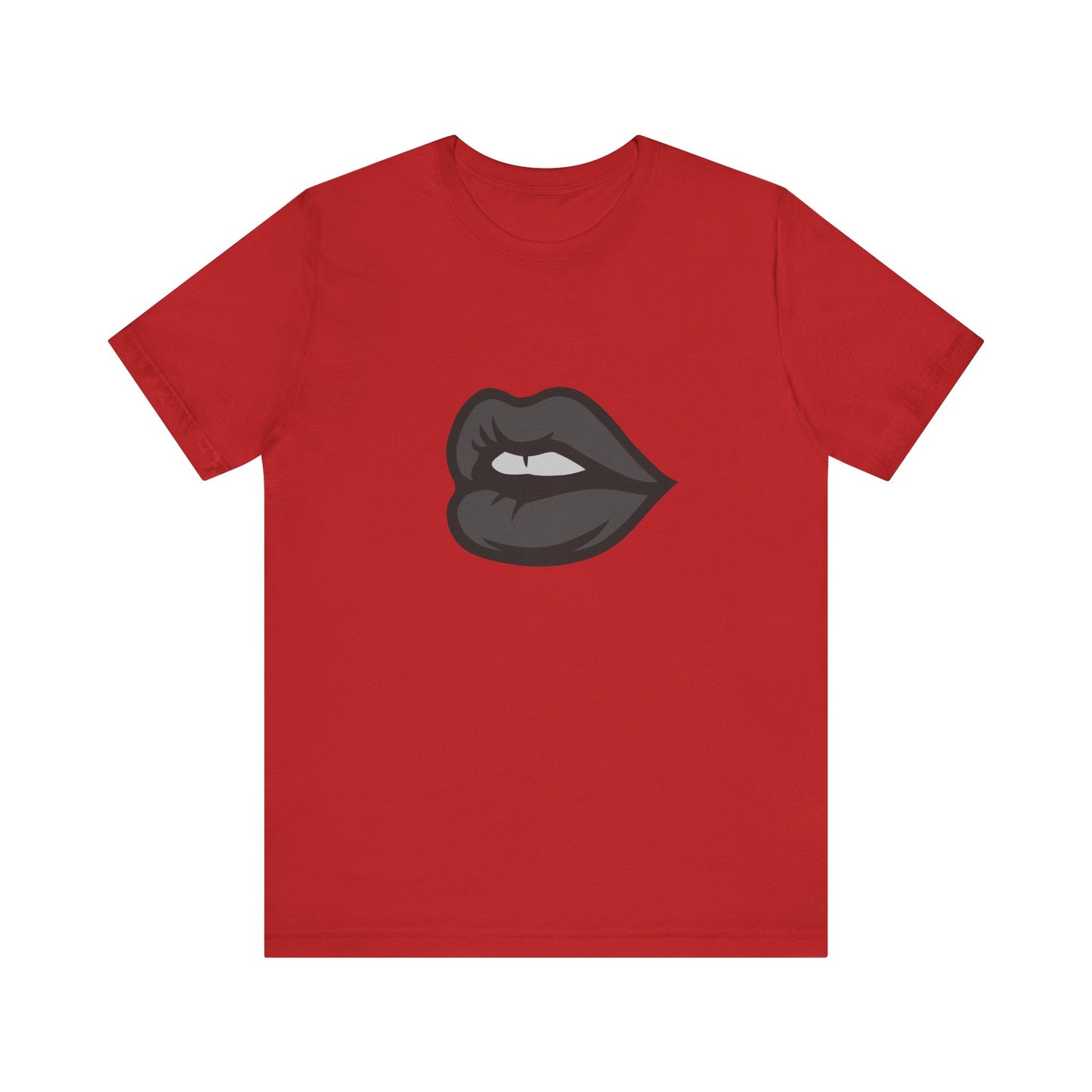 Dark Lips Graphic T-Shirt – Dark Theme Grayscale Biting Lip Design on Black Tee with Subtle Seduction and Modern Ghost Effect. Unisex Jersey Short Sleeve Tee