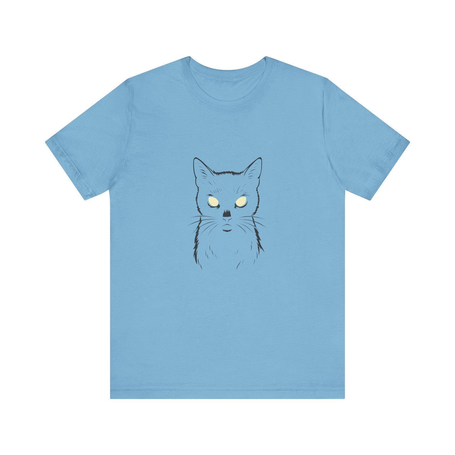 Ghost Cat Eyes Tee – Dark Theme Black Cat Outline with Transparent Face and Glowing Stare. Unisex Jersey Short Sleeve Tee