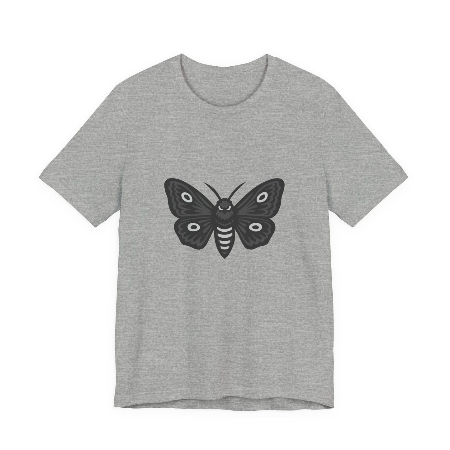 Moth Graphic T-Shirt – Dark Theme Grayscale Winged Insect Design on Black Tee with Gothic Mood and Subtle Modern Ghost Effect. Unisex Jersey Short Sleeve Tee