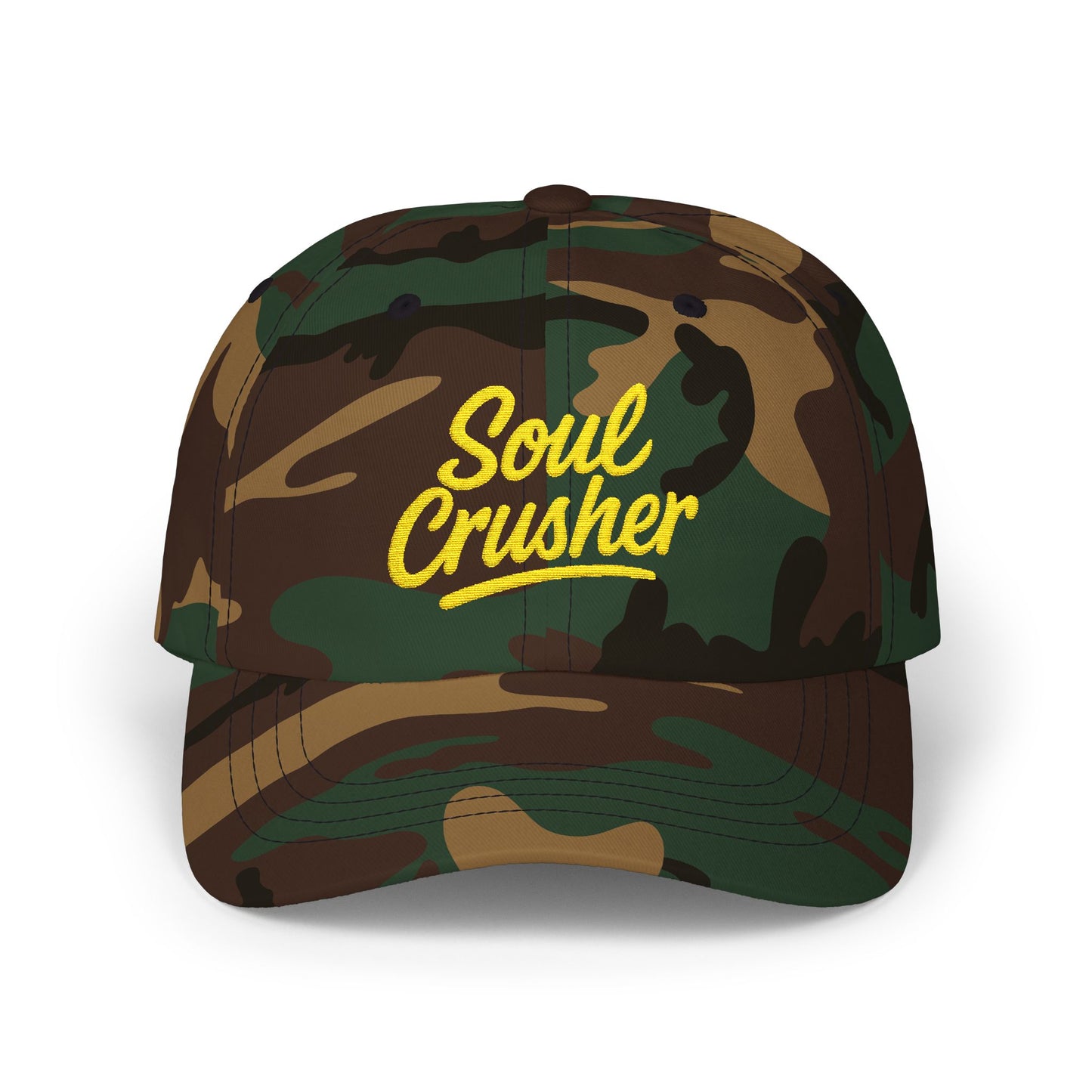 Soul Crusher Embroidered Classic Dad Hat – Clean Script Baseball Hat with Bold Edge for Heartbreakers, Villains, and Power Moves. Yellow Letters