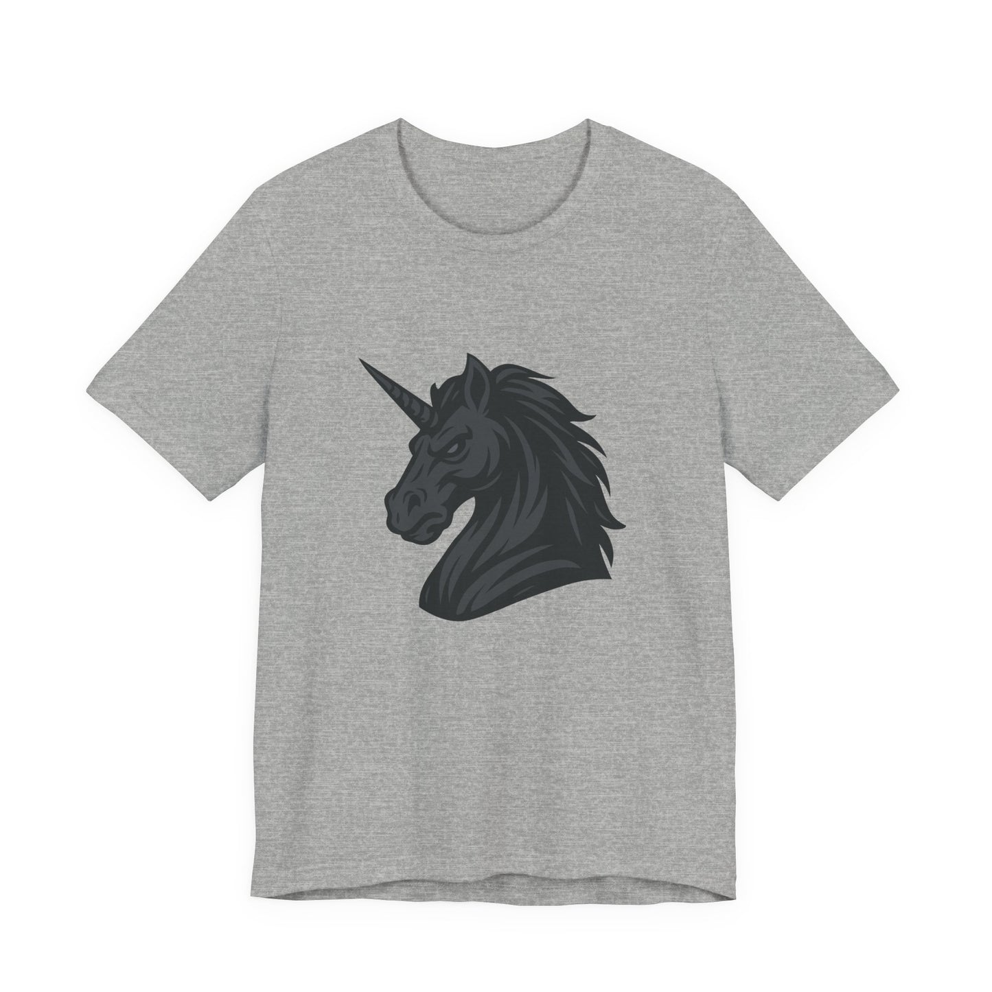 Dark Unicorn Profile T-Shirt – Dark Theme Grayscale Fierce Mythical Horse Design on Black Tee with Gothic Magic and Modern Ghost Effect. Unisex Jersey Short Sleeve Tee