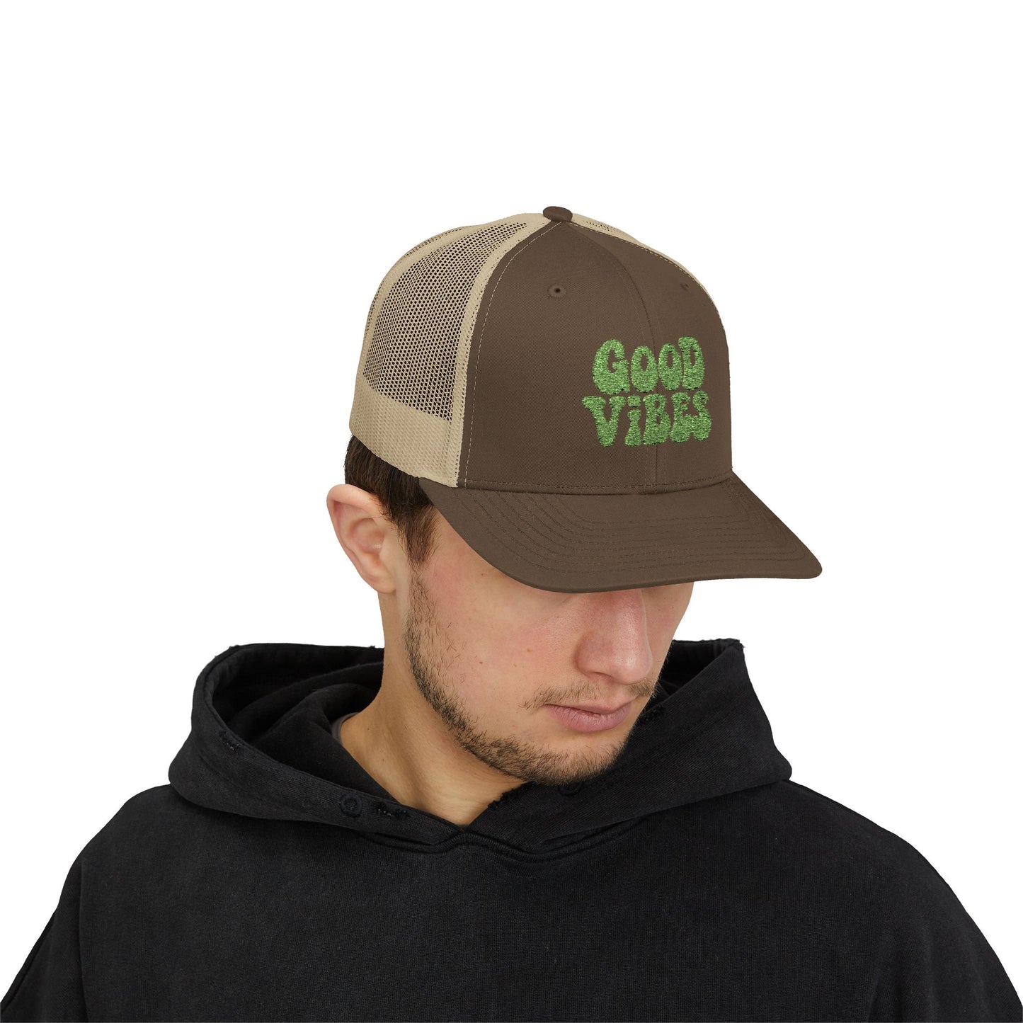 Good Vibes Trucker Hat – Embroidered Retro Text Hat for Positive Vibes, Chill Style, and Everyday Feel-Good Energy. Green Letters