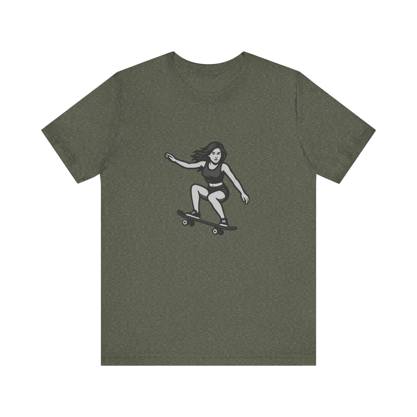 Skater Girl Graphic T-Shirt – Dark Theme Grayscale Skateboarding Design on Black Tee with Bold Motion and Modern Ghost Effect. Unisex Jersey Short Sleeve Tee