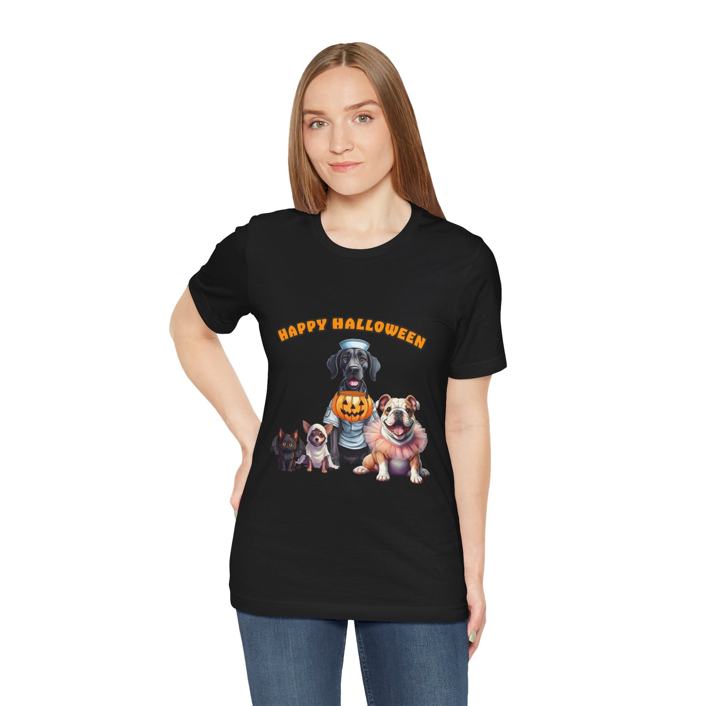 Happy Halloween Pet Parade Shirt – Cute Halloween Dogs and Cat in Costumes. Unisex Jersey Short Sleeve Tee