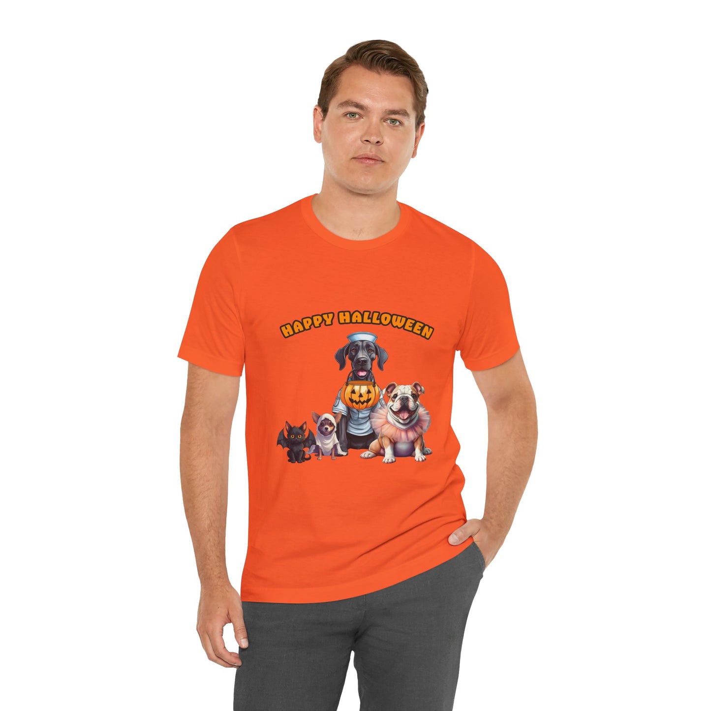 Happy Halloween Pet Parade Shirt – Cute Halloween Dogs and Cat in Costumes. Unisex Jersey Short Sleeve Tee