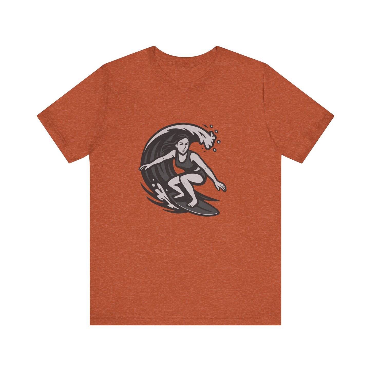 Surf Girl Graphic T-Shirt – Dark Theme Grayscale Female Surfer Riding Wave on Black Tee with Flow State Energy and Modern Ghost Effect. Unisex Jersey Short Sleeve Tee